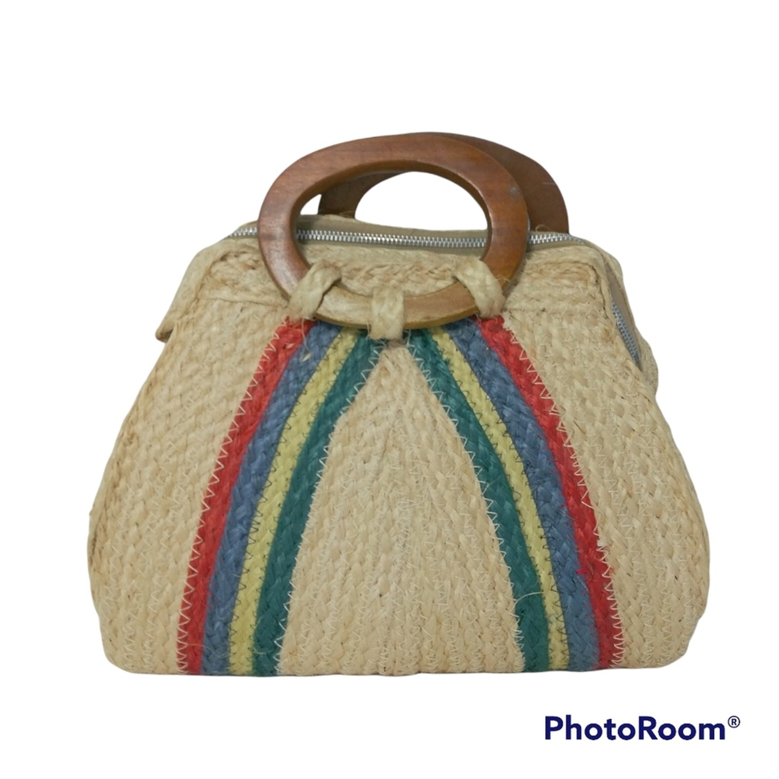 Woven Straw Multi Color Hand Bag Wooden Handles Boho Cottage Core Natural