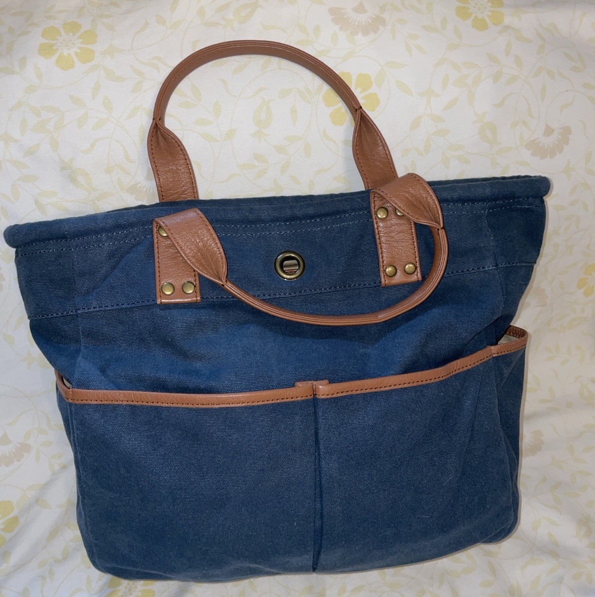LEVENGER Blue Navy Dark Denim Canvas Brown Leather Medium Pocket Tote Bag Purse