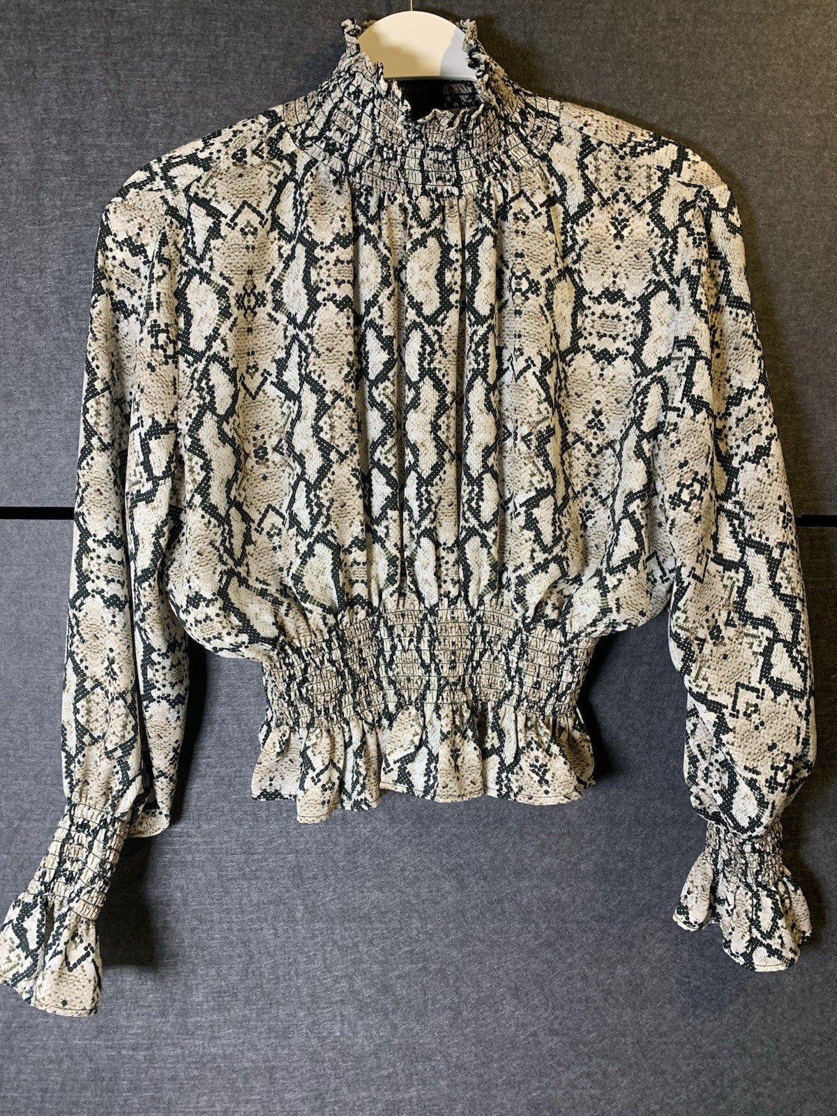 Shinestar Snake Print High Neck Smocked Ruffle Long Sleeve Blouse Beige M