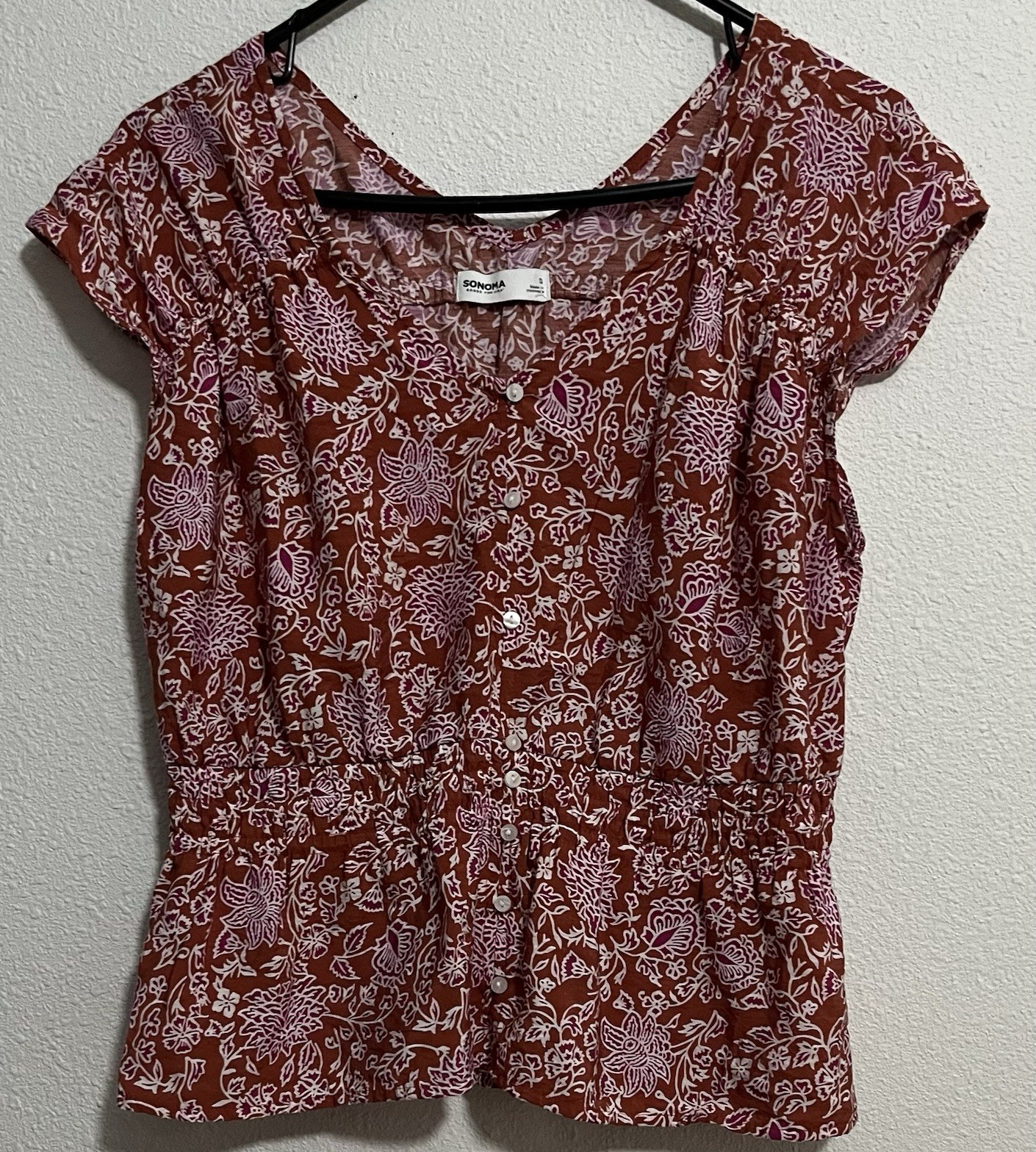 Sonoma Goods For Life Brown Floral Button Front Scoop Neck Short Sleeve Blouse S