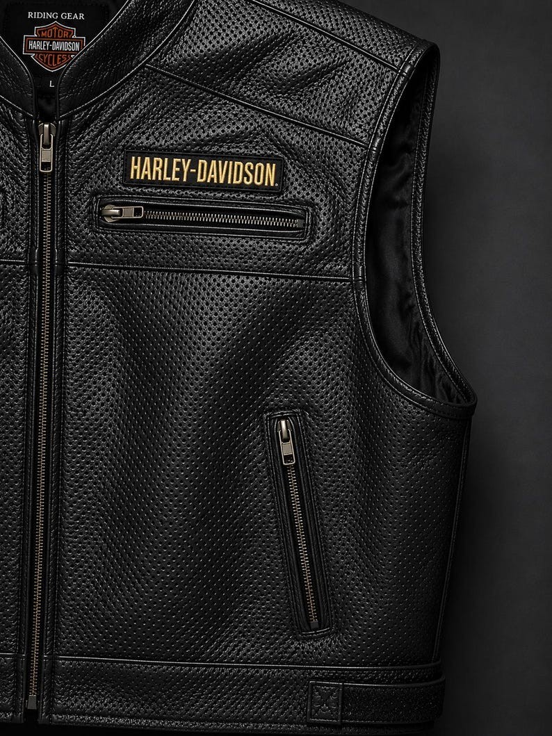New Harley-Davidson Men’s Perforated Leather Biker Vest Black Motorcycle Jacket