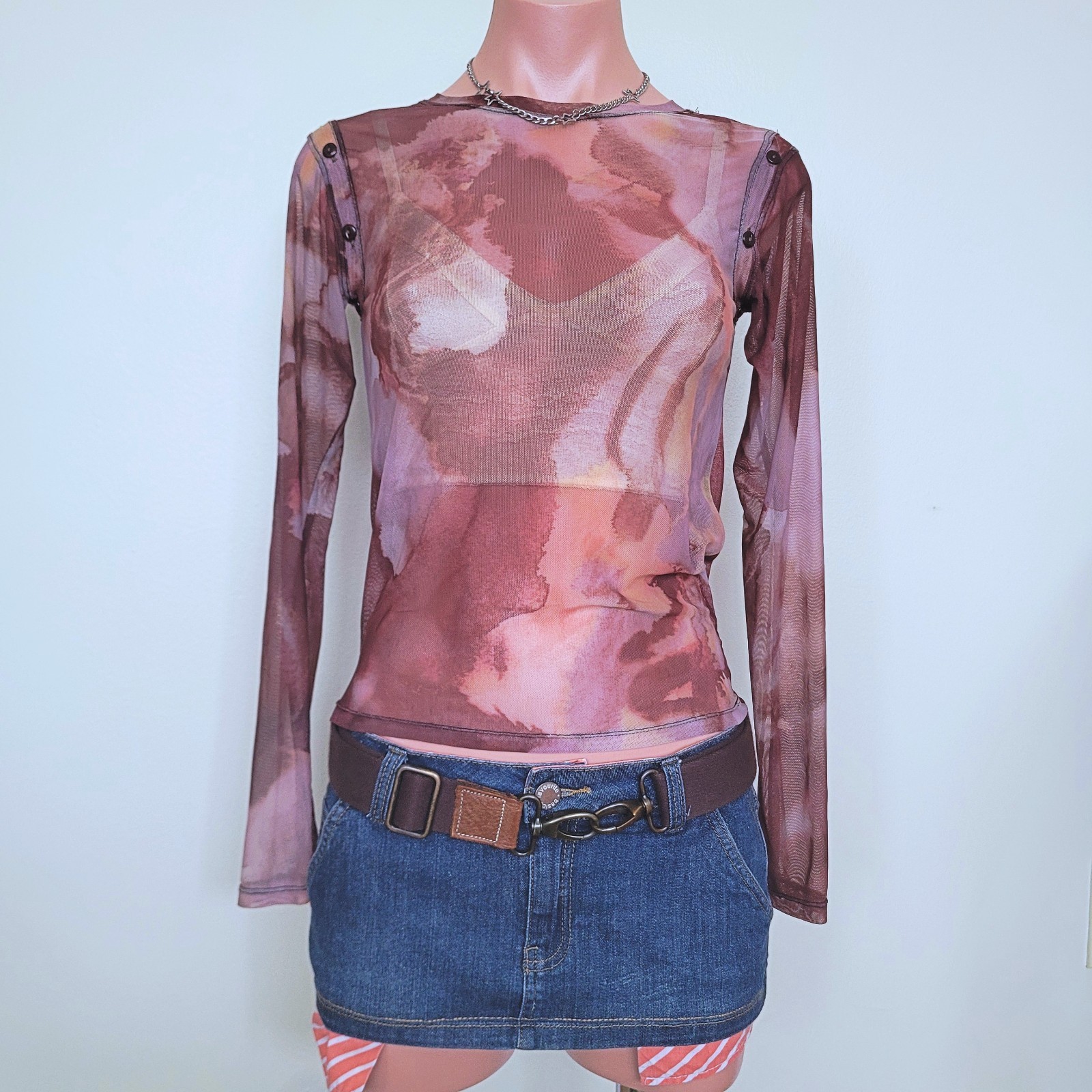 Maxia Gothic Abstract Tie Dye Sheer Mesh See-Through Long Sleeve (One Size)