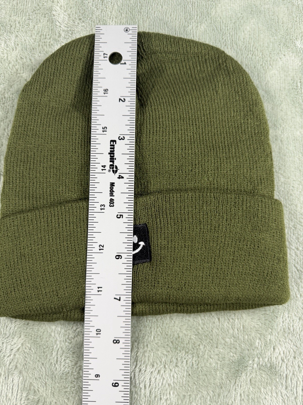 Green Cuffed Beanie Hat Solid One Size Unisex Youth Smiley Patch