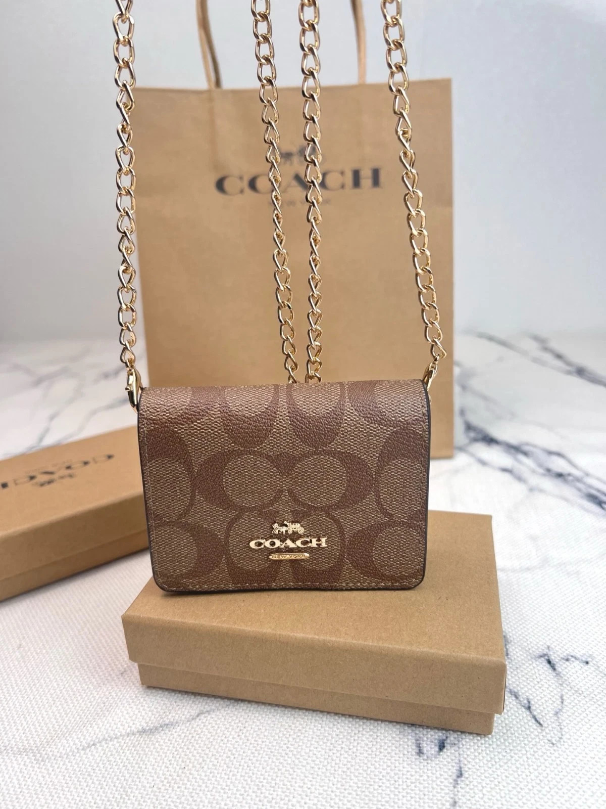 NWT Coach Mini Wallet On A Chain Signature Canvas With Charms C6650 NEW