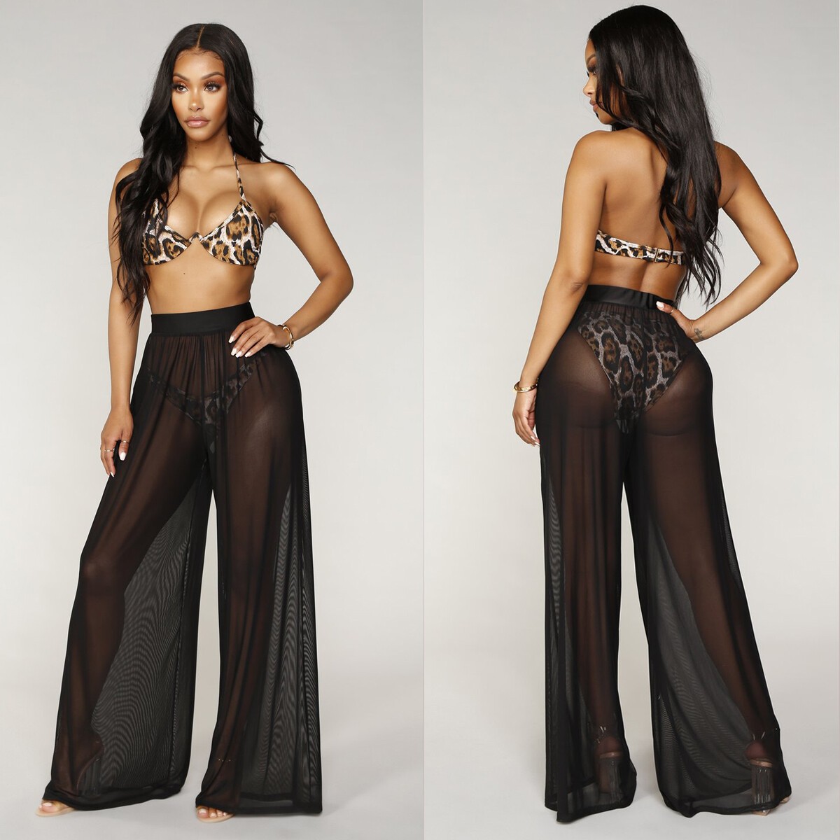 Female Sexy Solid Color Gauze Mesh See-through Loose Pants Long Trousers