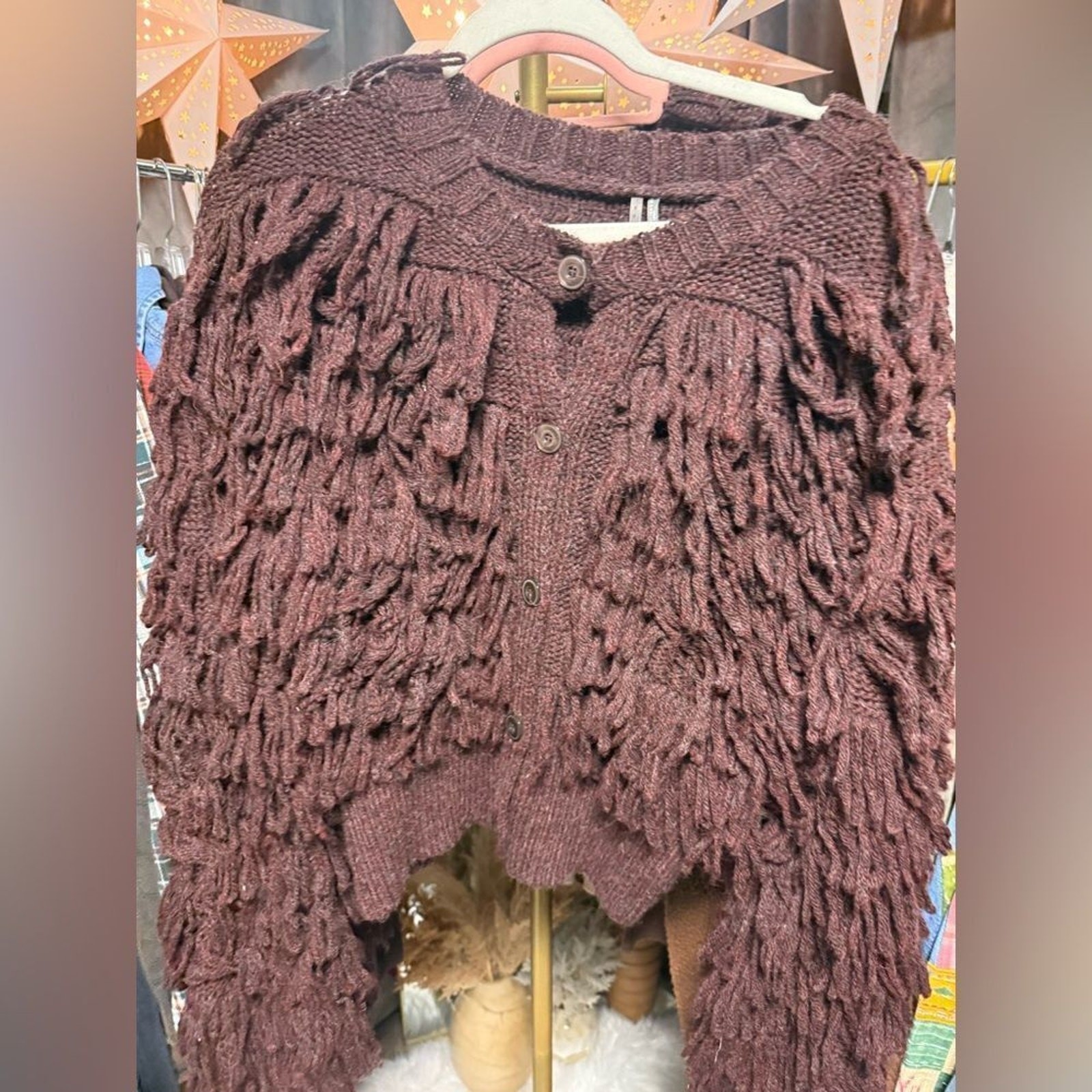 NWOT Anthropologie Loopy Fringe Cardigan Sweater in Brown Size XL & Medium