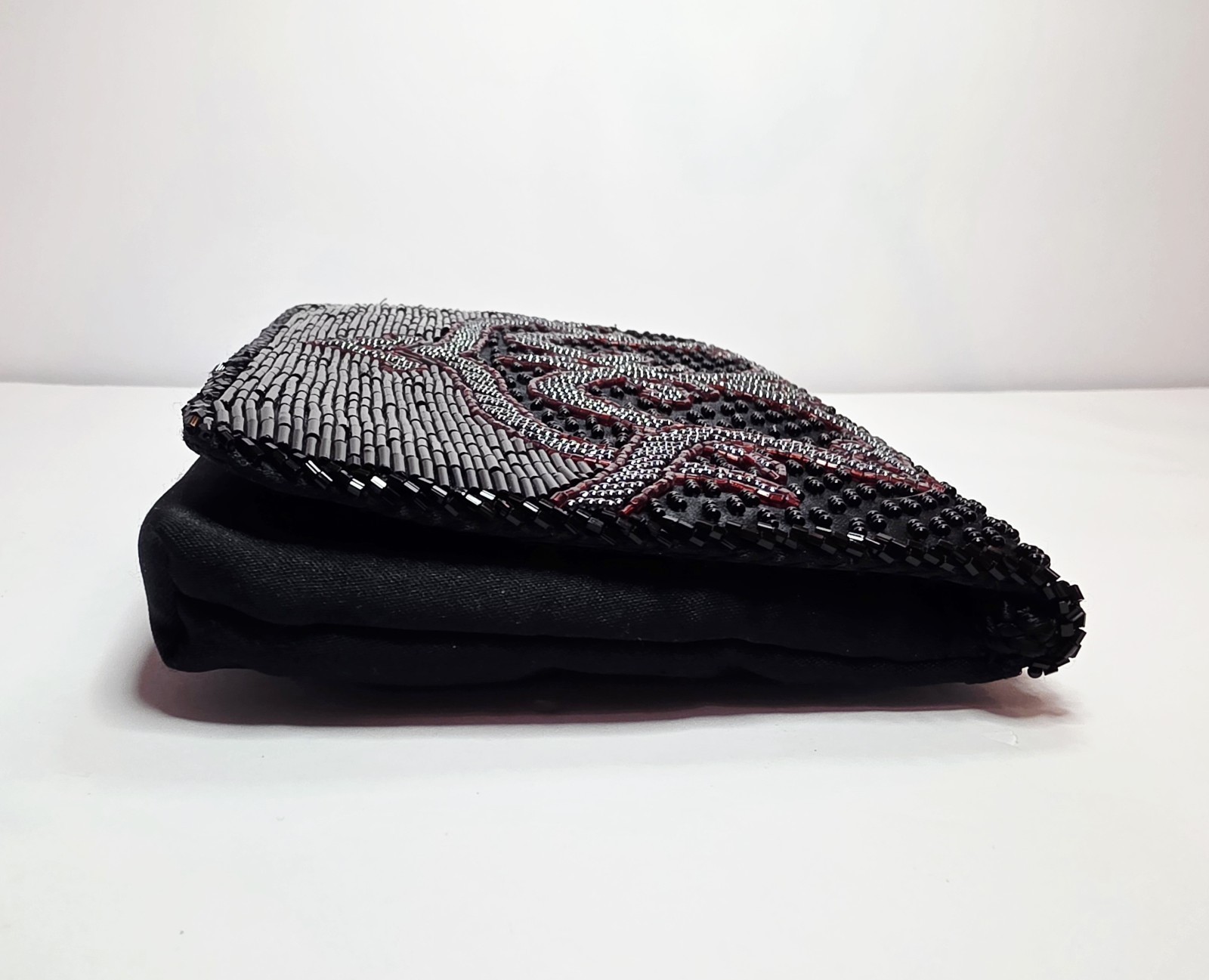 1990’s Black Silver Red Beaded Black Satin Evening Clutch Shoulder Bag 7.75×5.3″