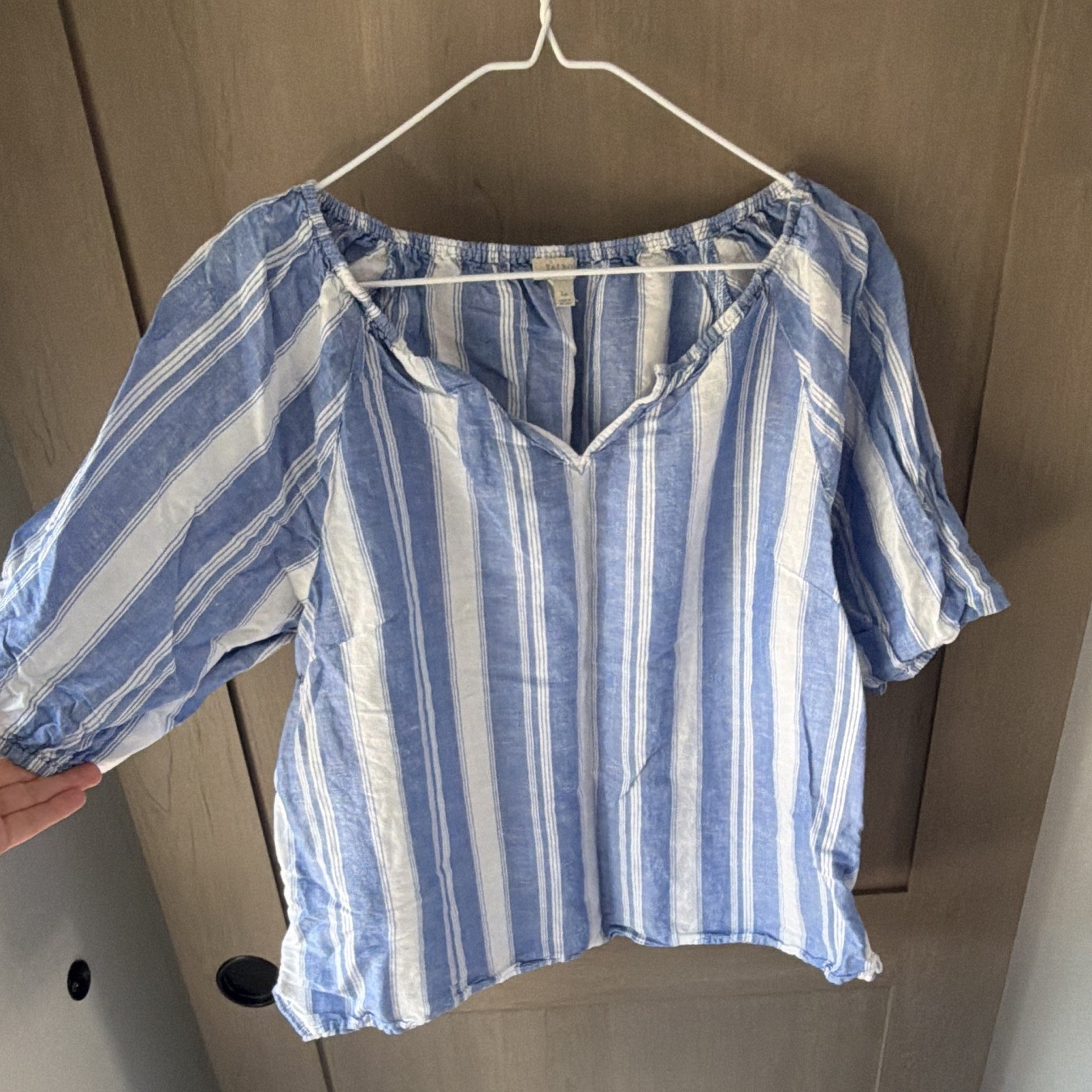Talbots Petites LP Blue/White Striped V-Neck 3/4 Puff Sleeve Ruffle Blouse