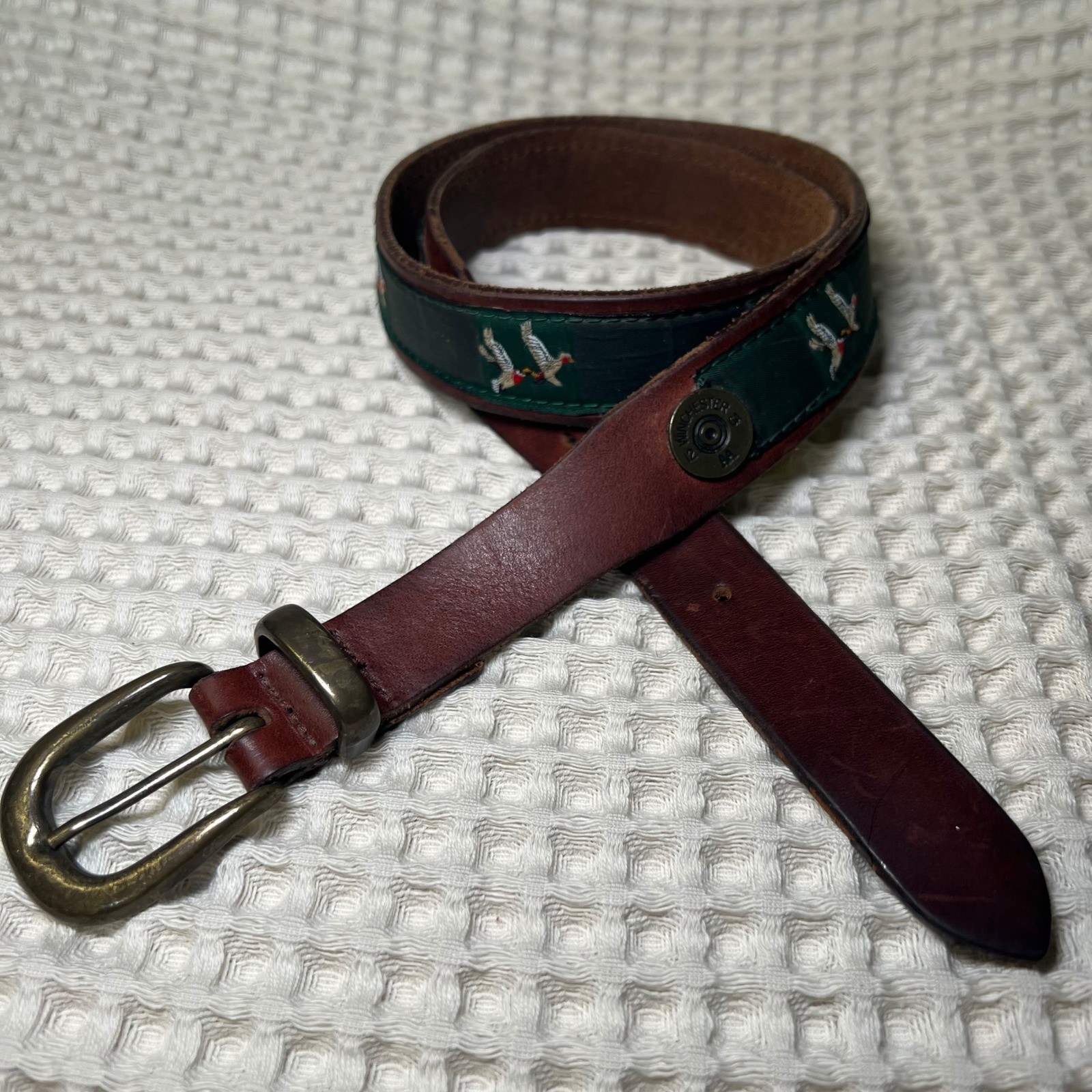 Thompson Leather Exeter NH Pheasant Embroidered Belt Winchester Shells Brown 34