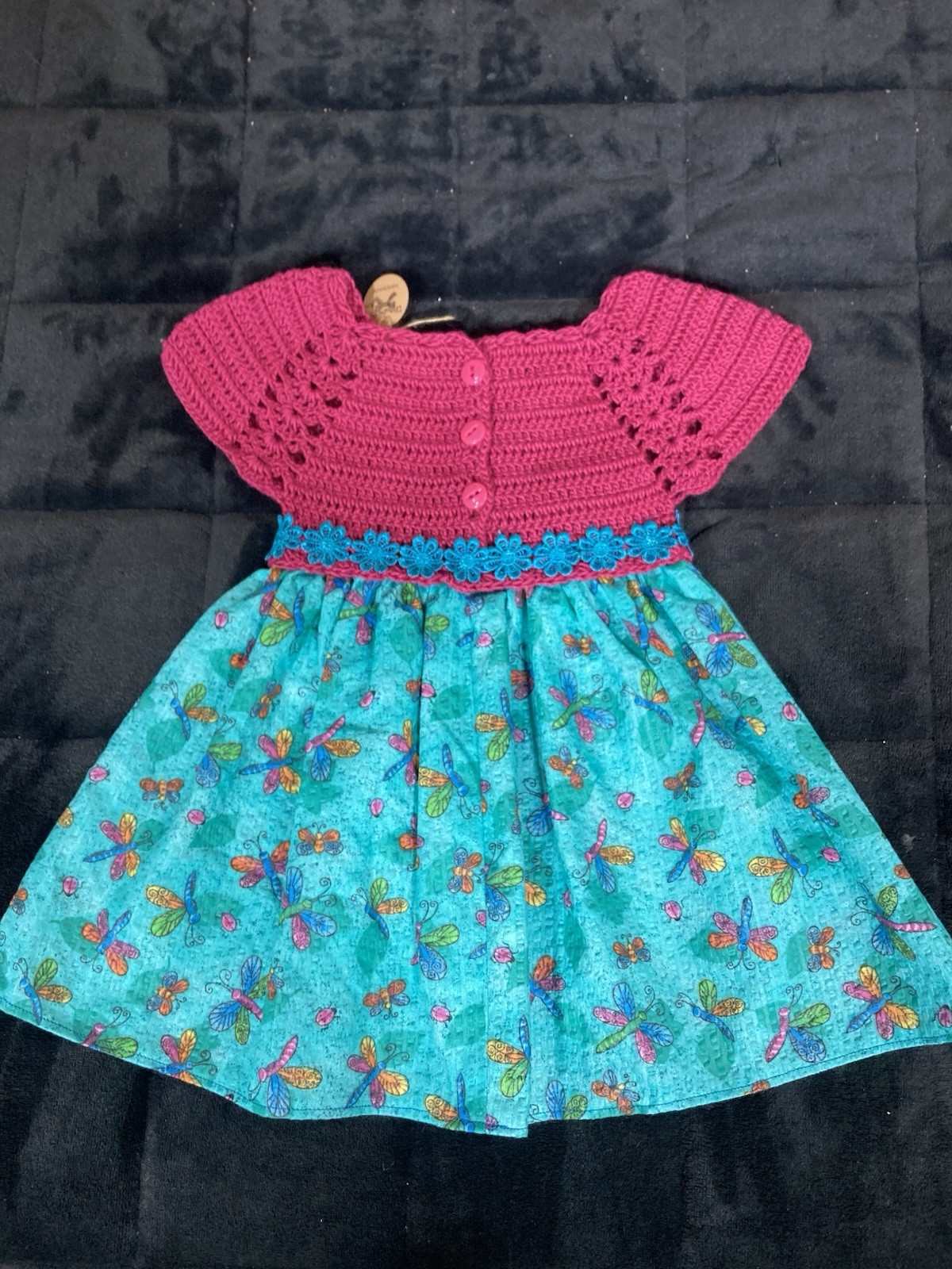 Handmade Girls Fit & Flare Dress 12-18M Pink Crochet Top Blue Butterfly Skirt