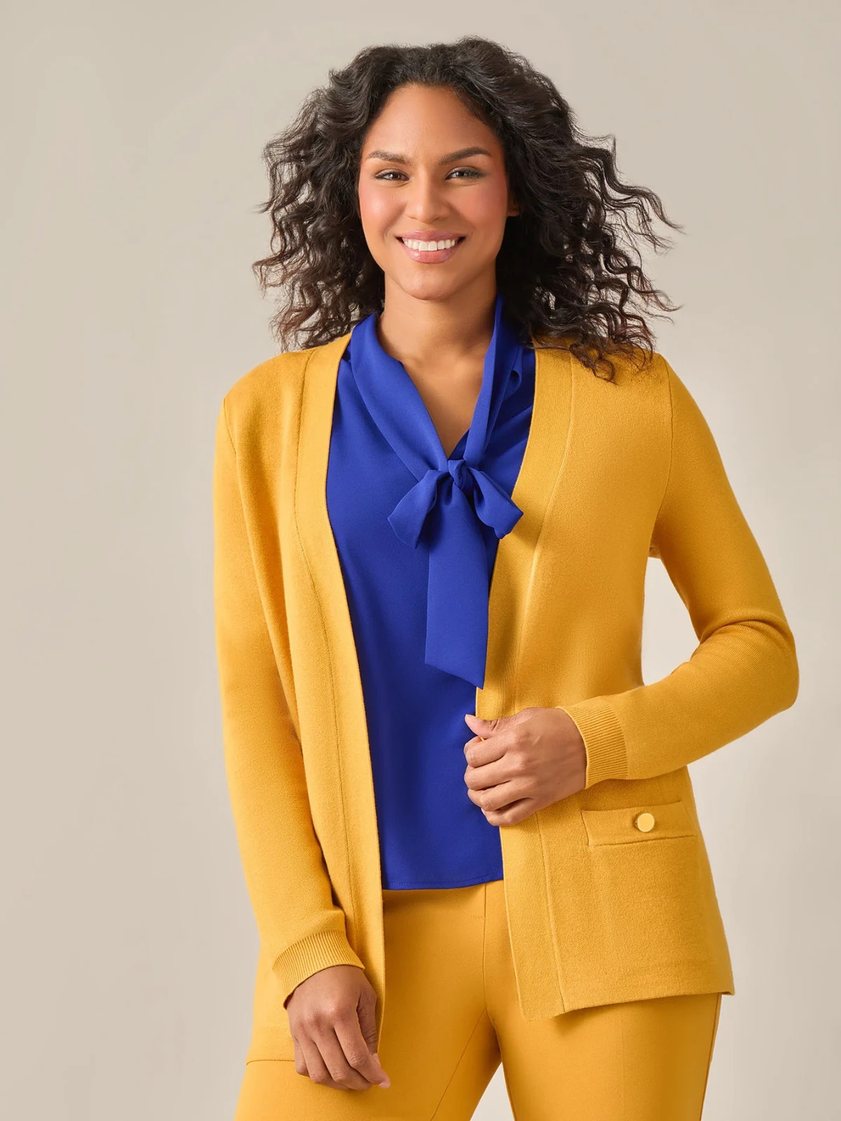 Kasper women’s Open-Front Long-Sleeve Sweater Cardigan w.Pockets Yellow Gold XL