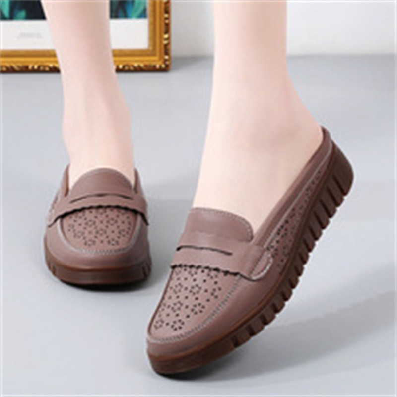 Mom Shoes Wear Beef Summer Hollowed Genuine Leather Box Slippers Women’s Outer