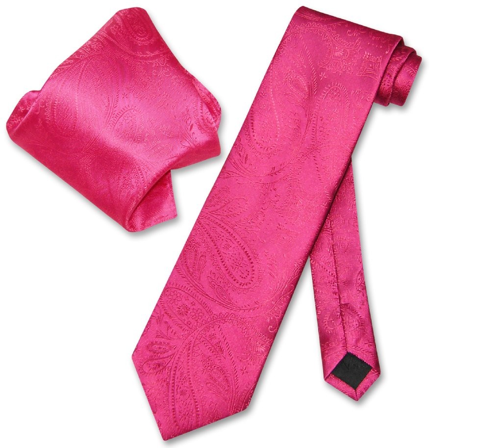 Vesuvio Napoli Hot Pink Fuchsia PAISLEY NeckTie Handkerchief Matching Tie Set