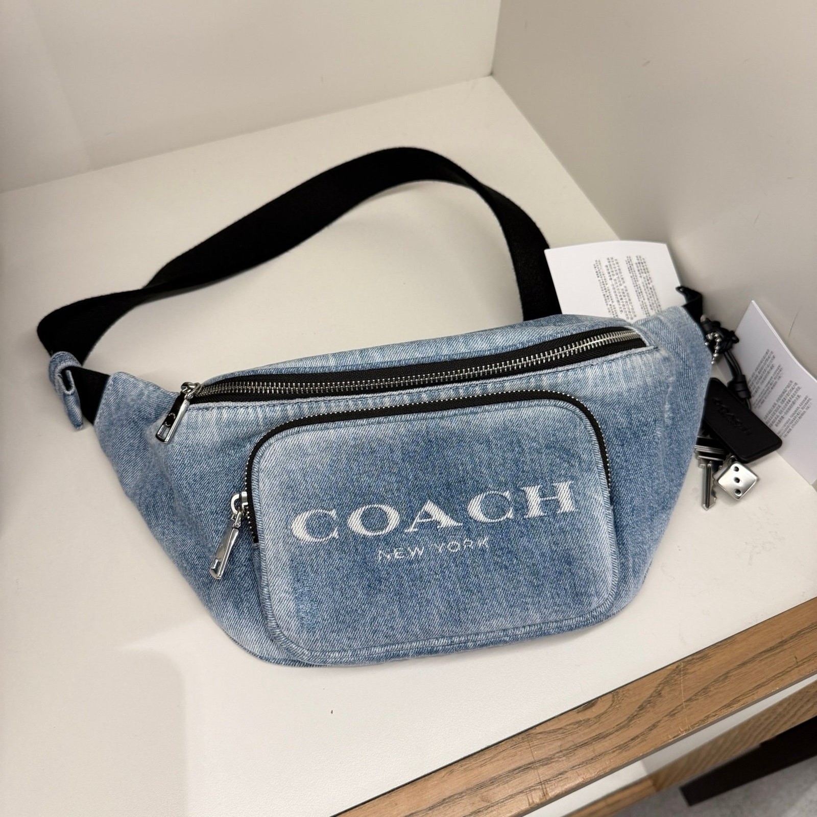 Coach Travis Belt Bag 35 In Loved Denim With Charms CES10 Silver/Light Indigo