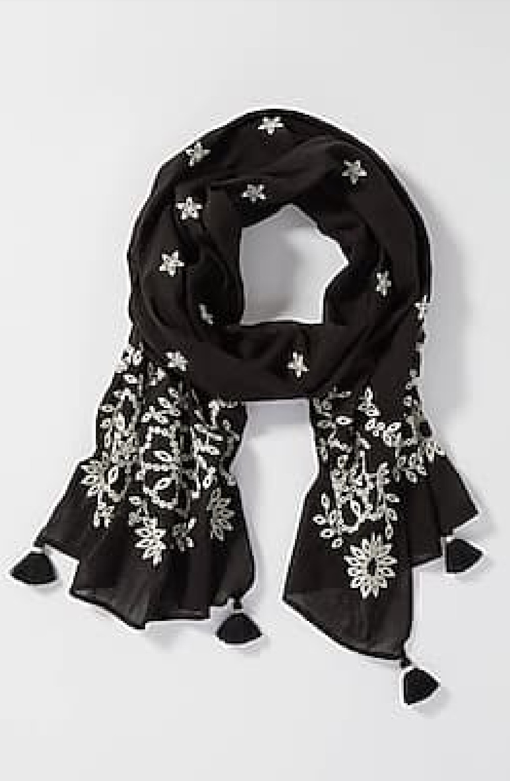 J.Jill ~ NEW Luxurious Embroidered-Vines Tasseled Scarf ~ NWT (2F3)