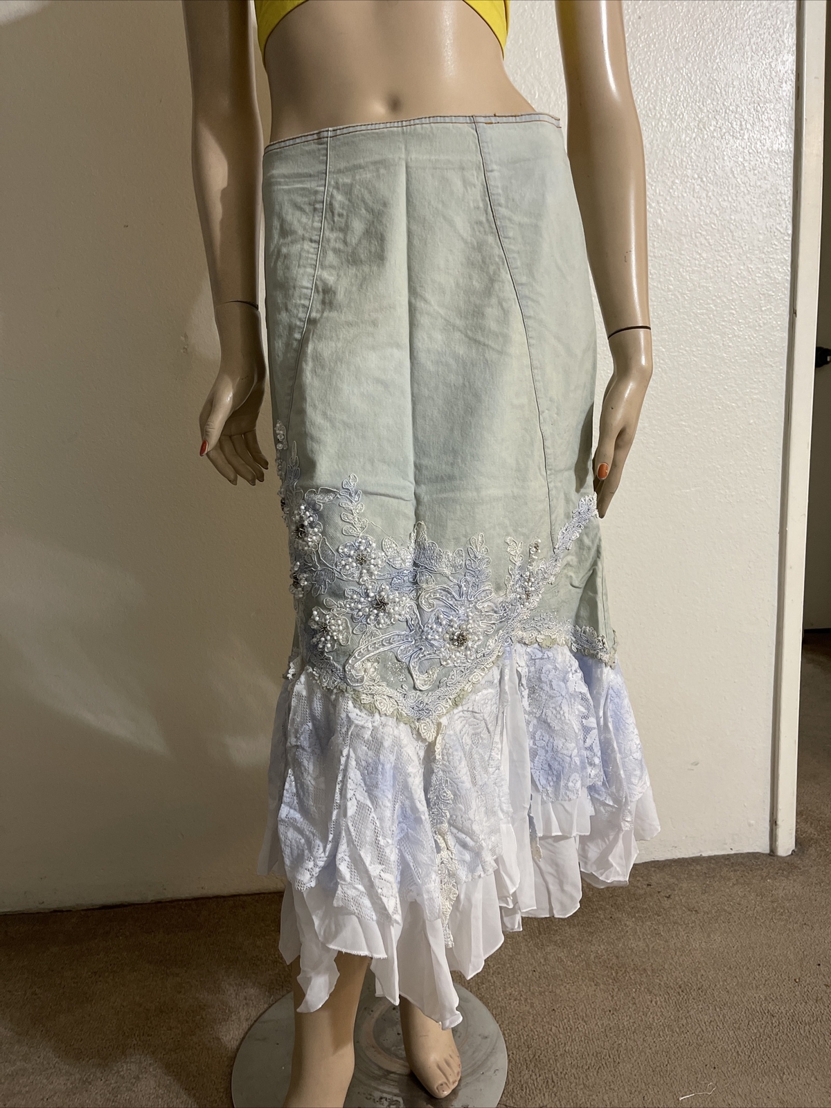 Light Blue White Denim Hippie Boho Beaded Embroidery Lace Size L(8-10) Skirt 710