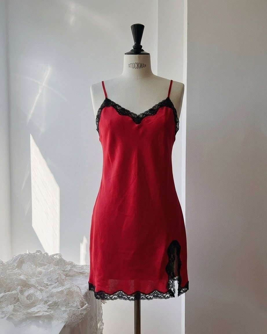 Victoria’s Secret Red/Black Lace Full Slip Adjustable Straps Size L