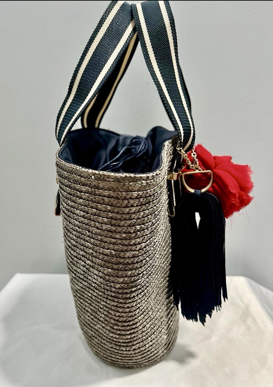 Lanvin Blue And Gray Straw Handbag With Red Flower Accent, Medium Size