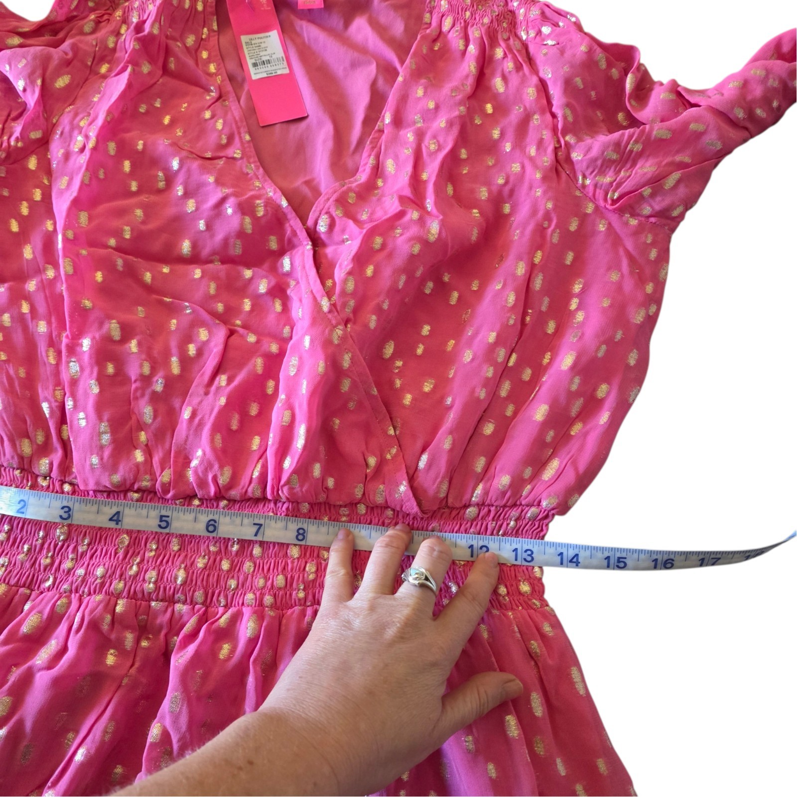 Lilly Pulitzer Cristiana Dress 12 Aura Pink Metallic Clip Dot Ruffle Smocked NWT