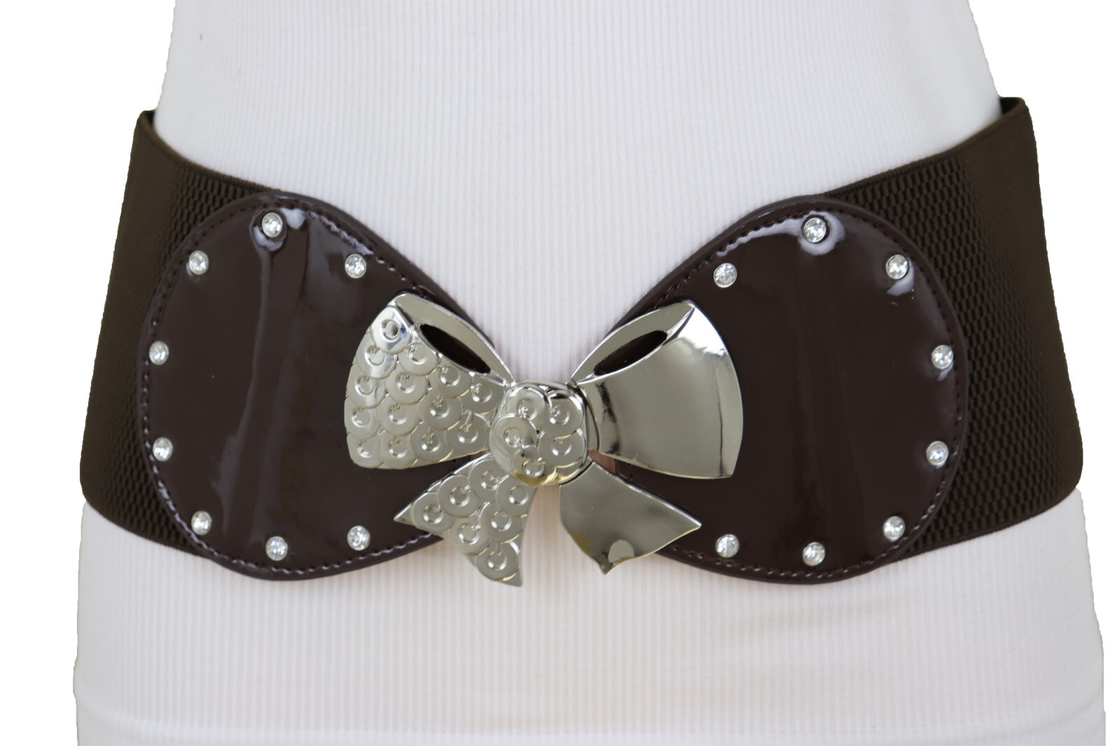 Women Dark Brown Wide Old School Fun Belt Silver Metal Bow Tie Ribbon Buckle S M