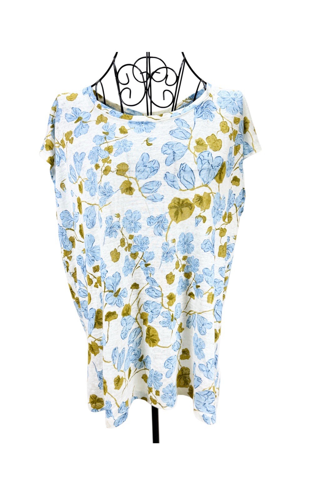 Joie Women’s XL White Blue Yellow Floral Linen Scoop Neck Short Sleeve Blouse