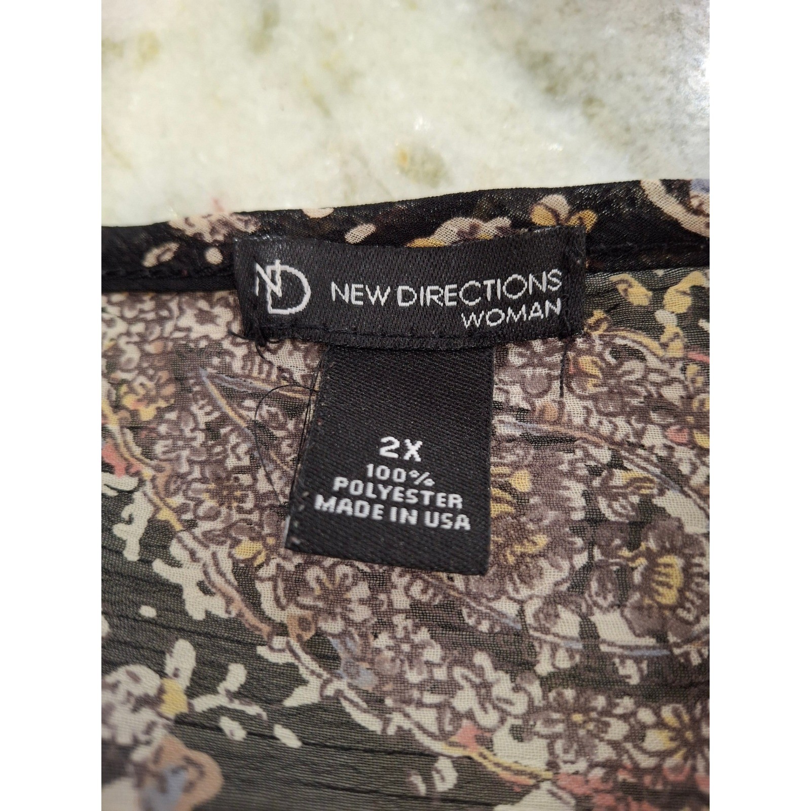 New Directions Woman 2X Paisley Chiffon V-Neck Blouse Black Tan Pink Sheer Top