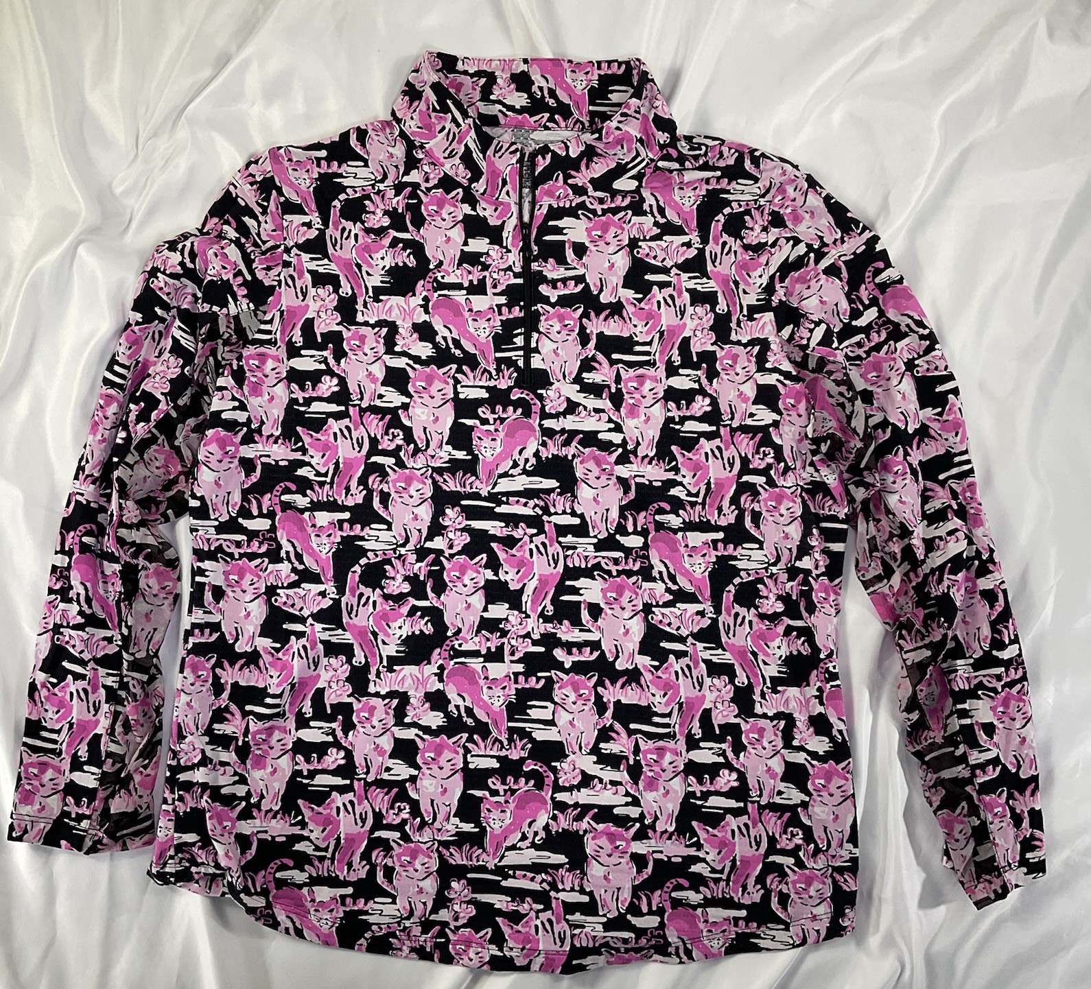 IBKUL Top Size XL Long Sleeve Zip Top UPF 50 Sammy Kitty Cat Black Pink Golf 312