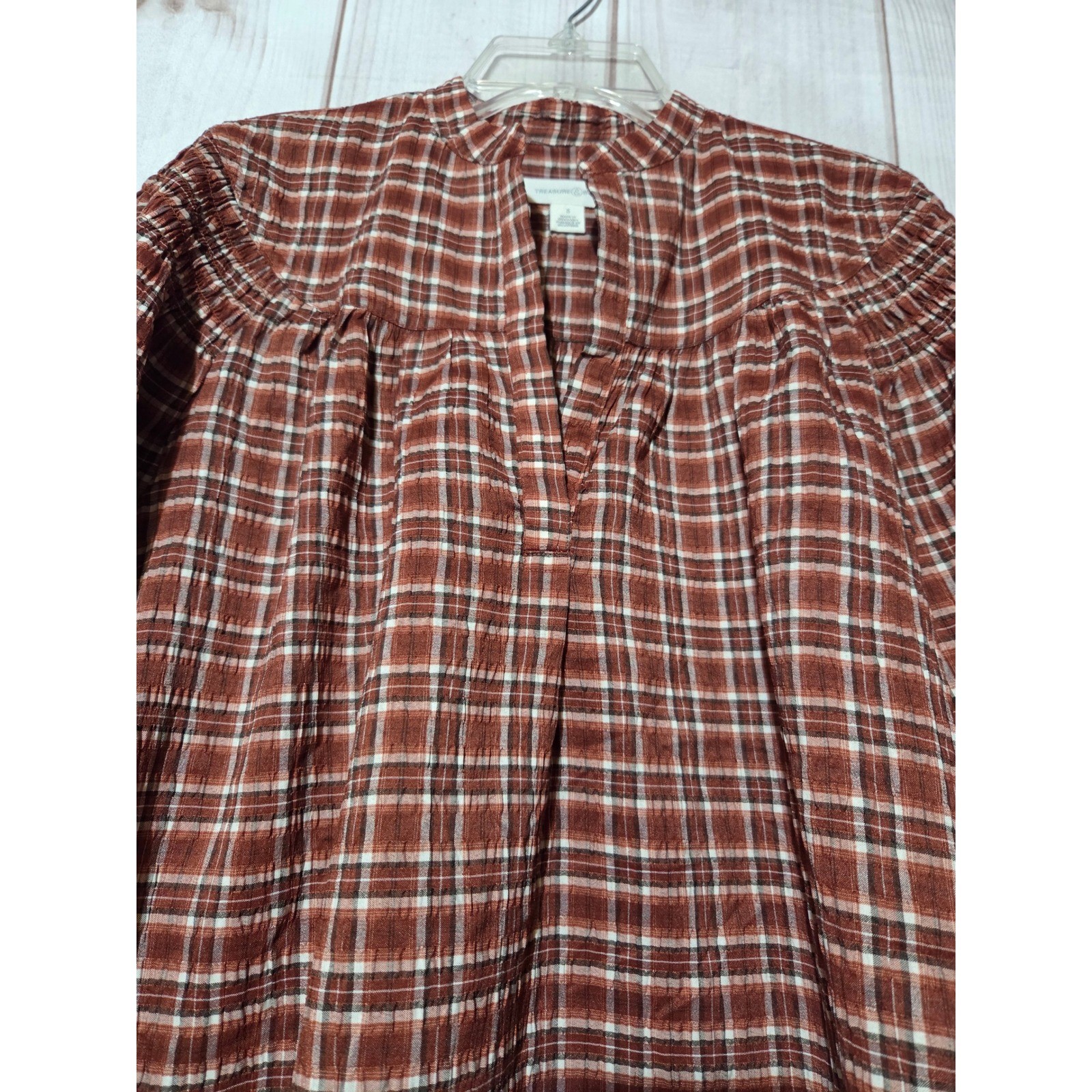 Treasure & Bond Plaid Split Neck Balloon Sleeve Blouse Rust Brown Small