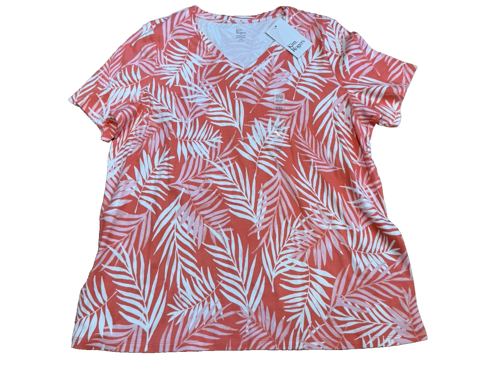Kim Rogers women size XXL short sleeve coral/white leaves cotton knit NWT top