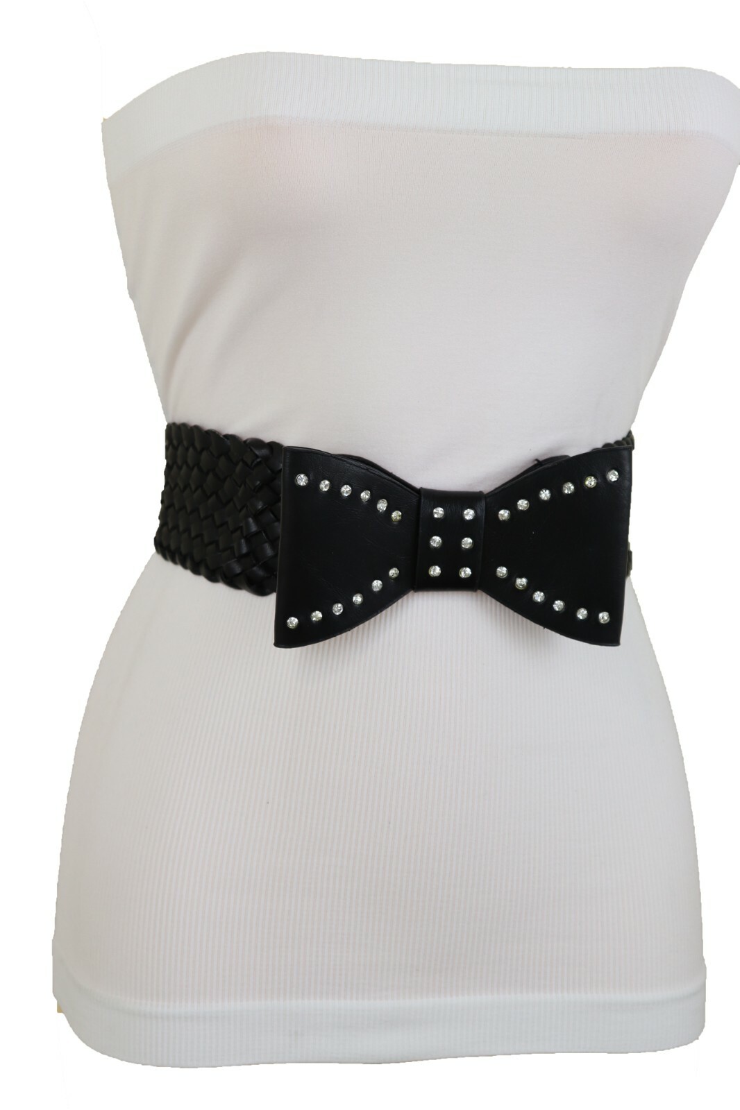 Women Bow Tie Ribbon Buckle Braided Waistband Black Elastic Strap Fashion Belt S