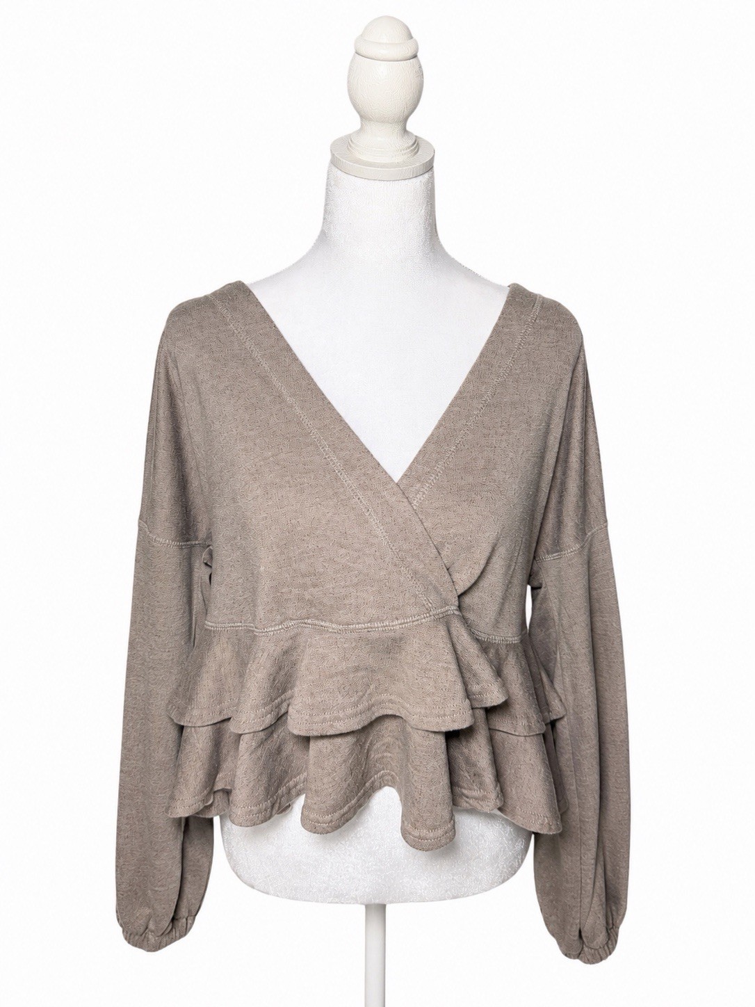 Taupe V Neckline Ruffle Blouse- Oversized Women’s Size: S