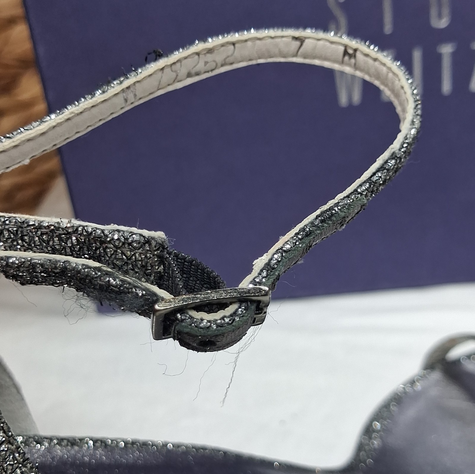 Stuart Weitzman Pewter Glitter Ankle Strap Stiletto Open Toe Heels 7B