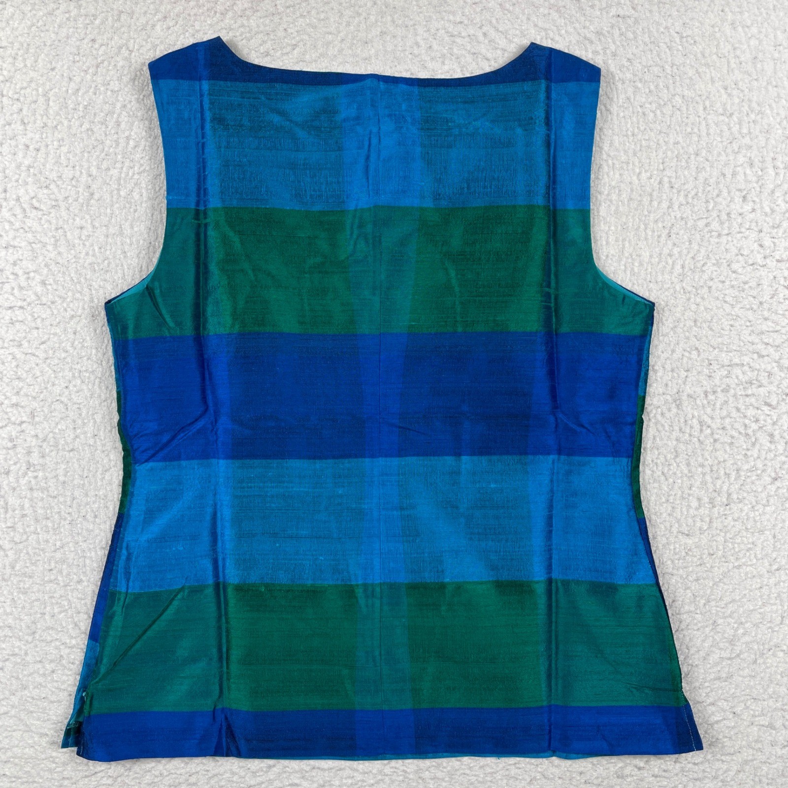 Talbots Silk Shell Top Womens 10 Blue Green Striped Sleeveless Boat Neck Blouse