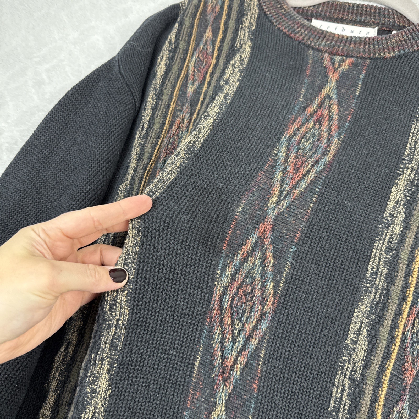 Vtg 3D Knit Crewneck Sweater Mens L Geometric 90s 80s Hip Hop Cosby Grunge Coogi