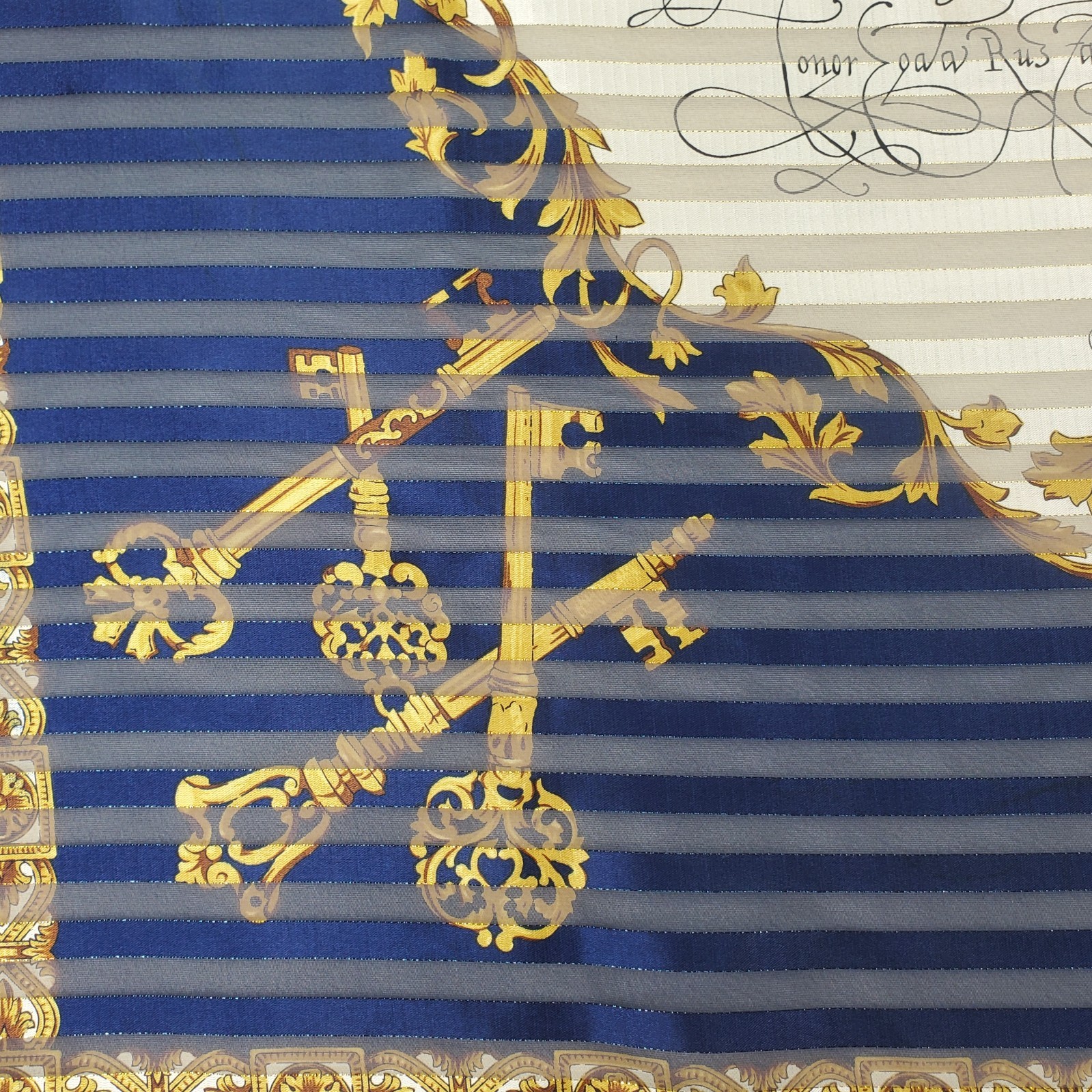 VTG Manuscript Scarf 35in Square Blue Shadow Stripe Faux Latin Gold Metallic Key