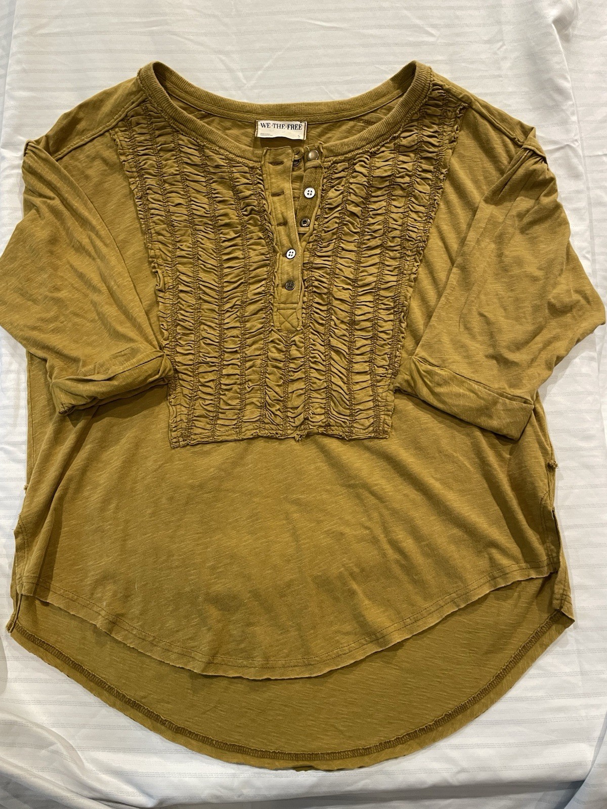 FP We The Free Redone Tee Ruched Button Henley Shirt Kelp Olive Yellow Size S
