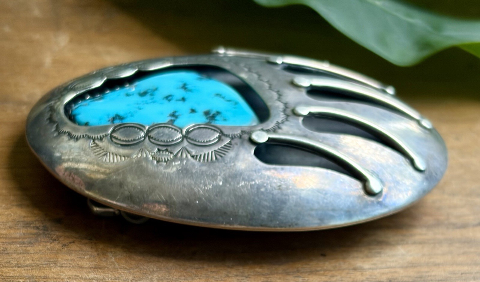 Signed Vintage Navajo Shadowbox Sterling Silver Turquoise Bear Claw Belt Buckle