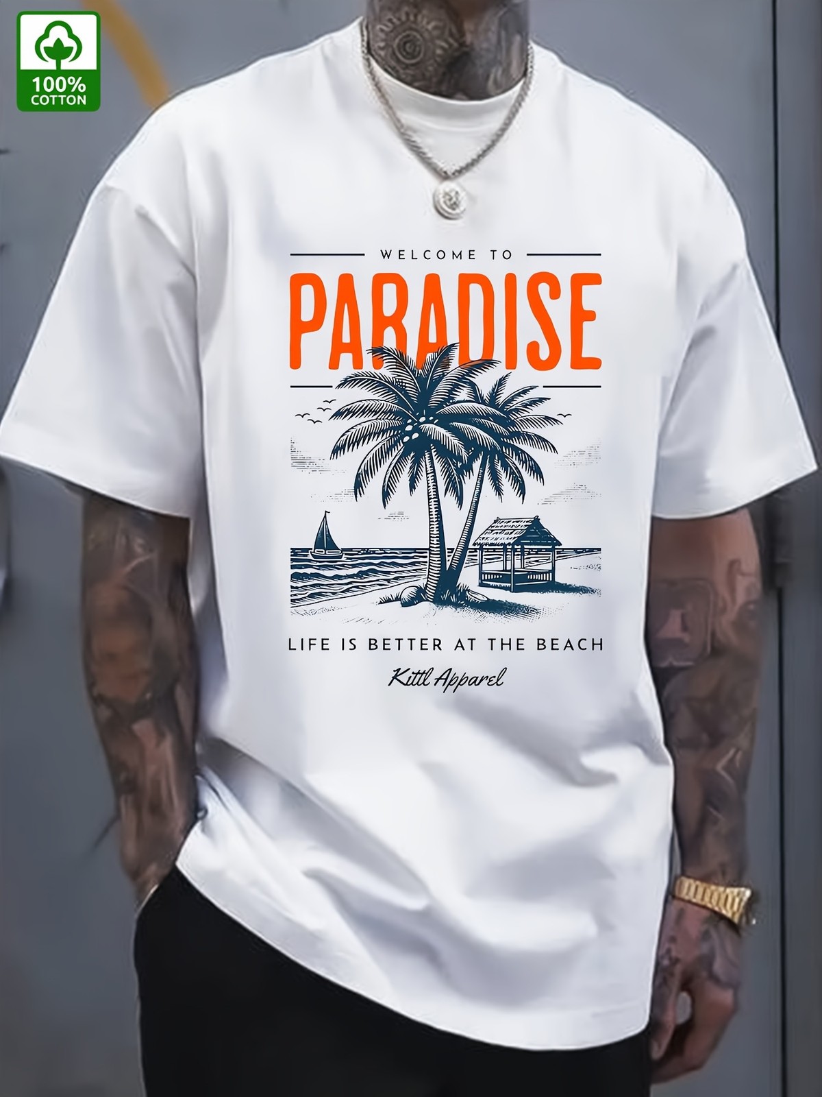 Tropical Beach Paradise Palm Tree Graphic Men’s T-Shirt Summer Vacation Tee