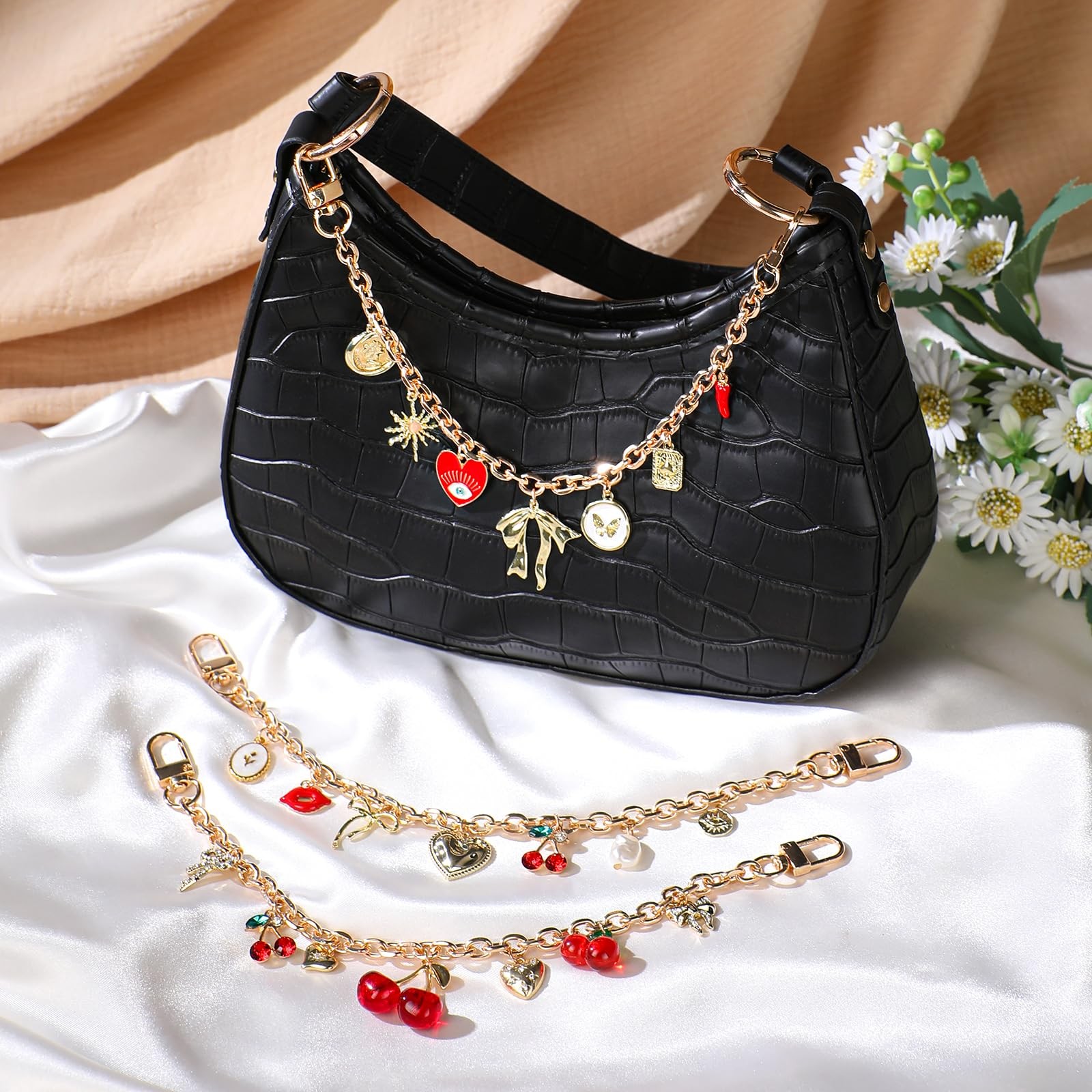 LuneClat Cherry BowKnot Decorative Bag Charms – Gold Elegant Pendant Bagchain…