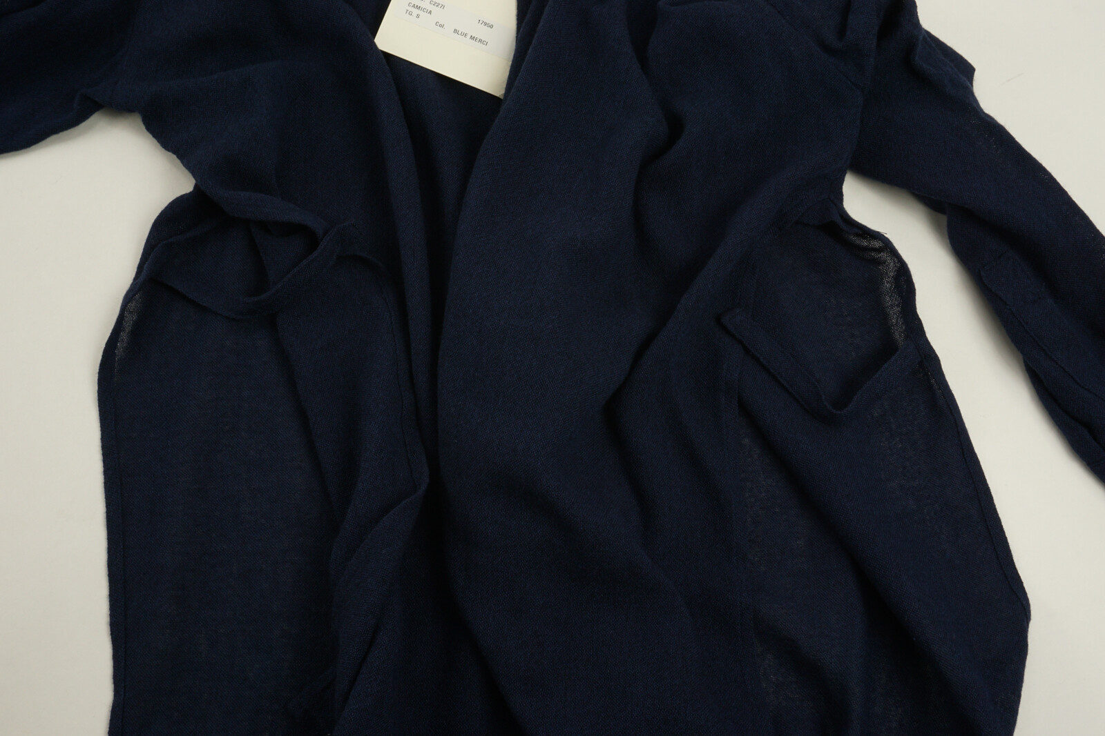 New Merci Women’s Small Dark Blue Woven Wool Viscose Open Lace Closure Blouse