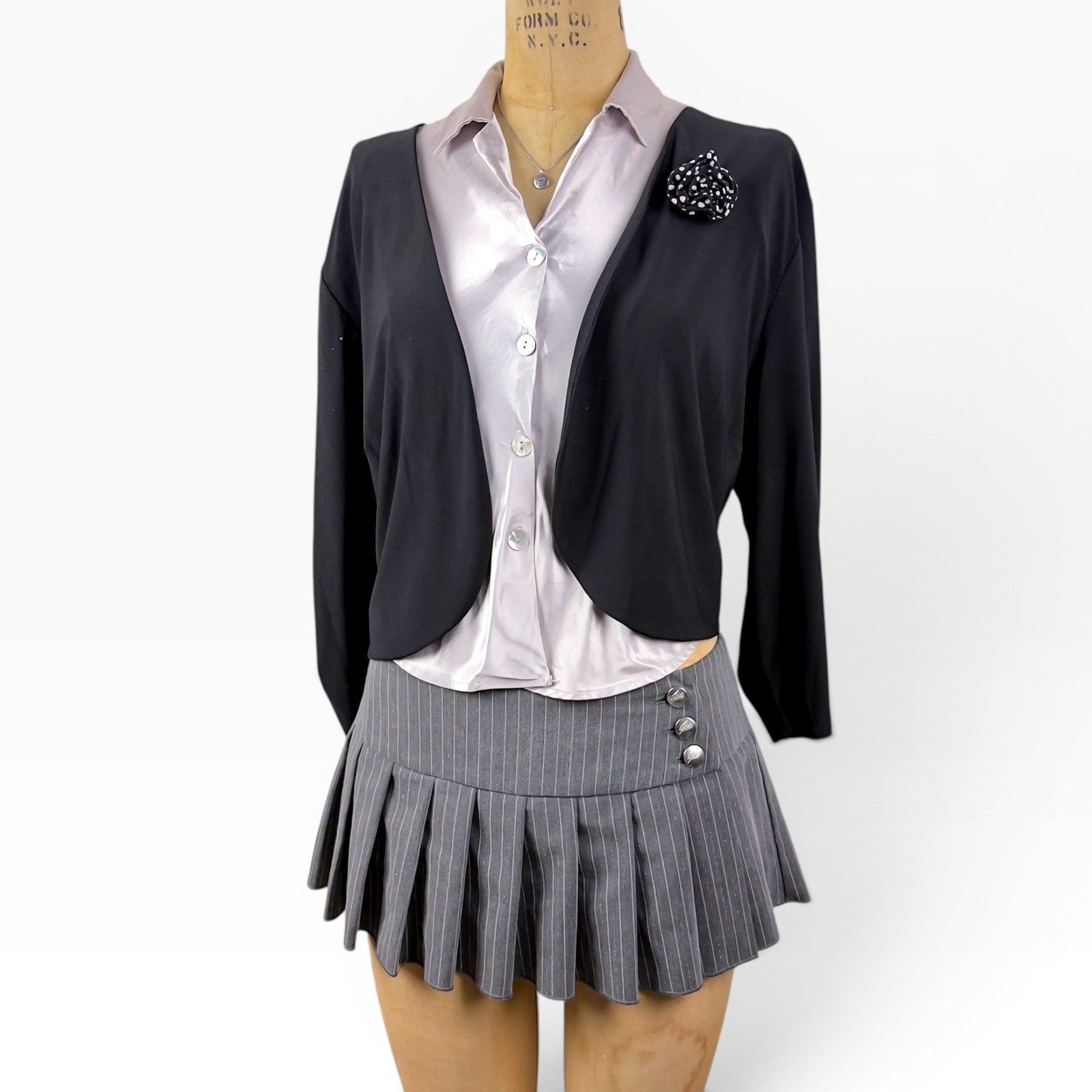 Y2K Rosette Brooch Bolero Shrug Polka Dot Open 3/4 Sleeve Dark Romantic Size L
