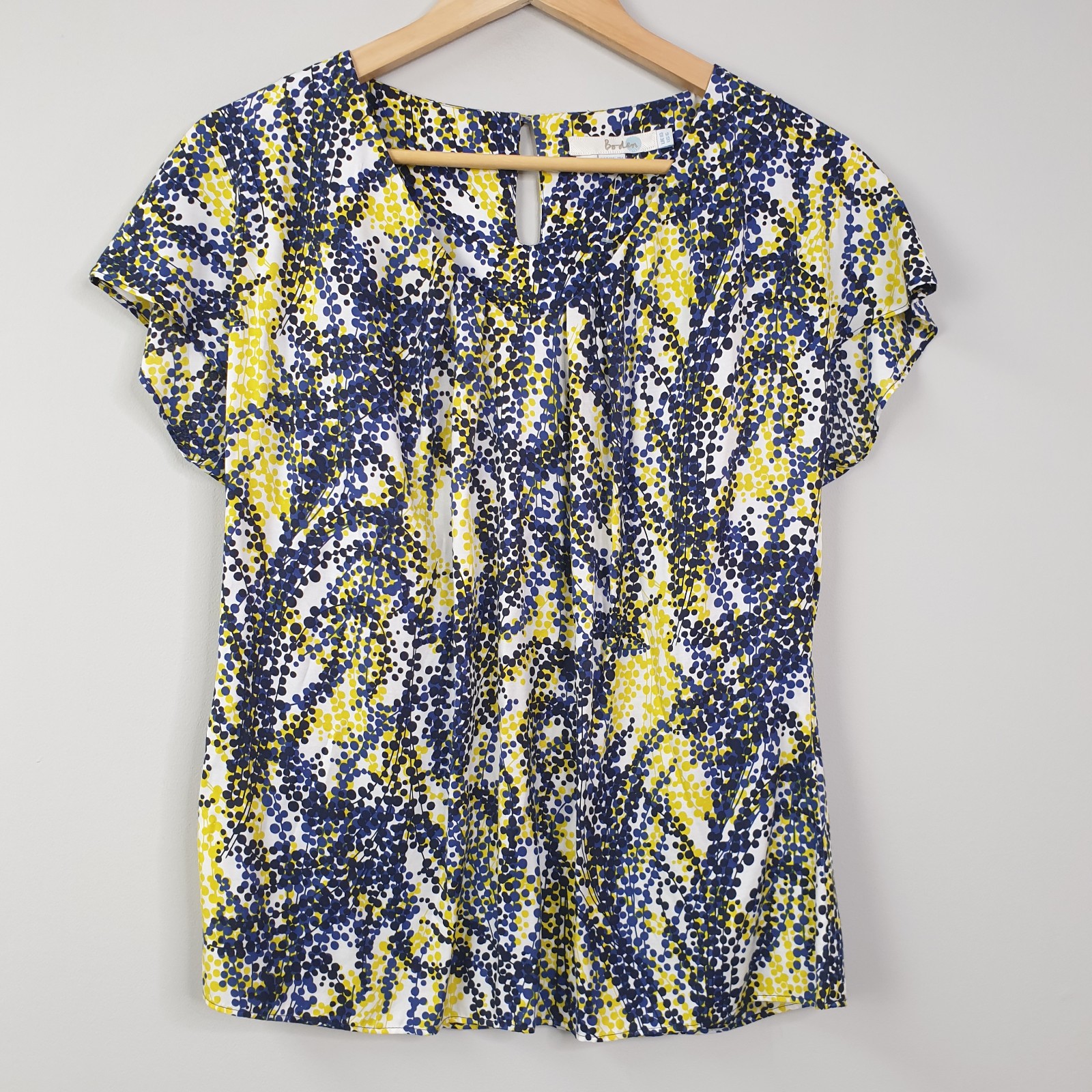 Boden Blouse Womens UK 10 Yellow Abstract Scoop Neck Pleated Silk Blend Top