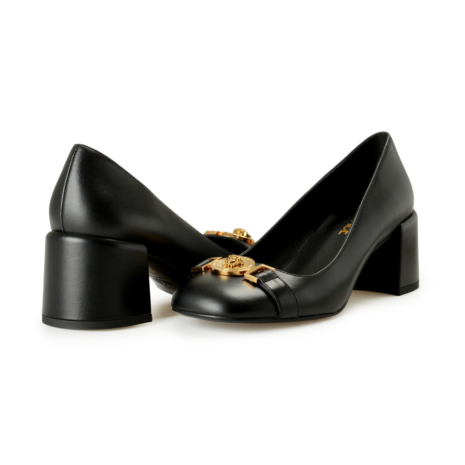 Versace Women’s Gold Medusa Black Leather Heeled Pump Shoes US 10 IT 40