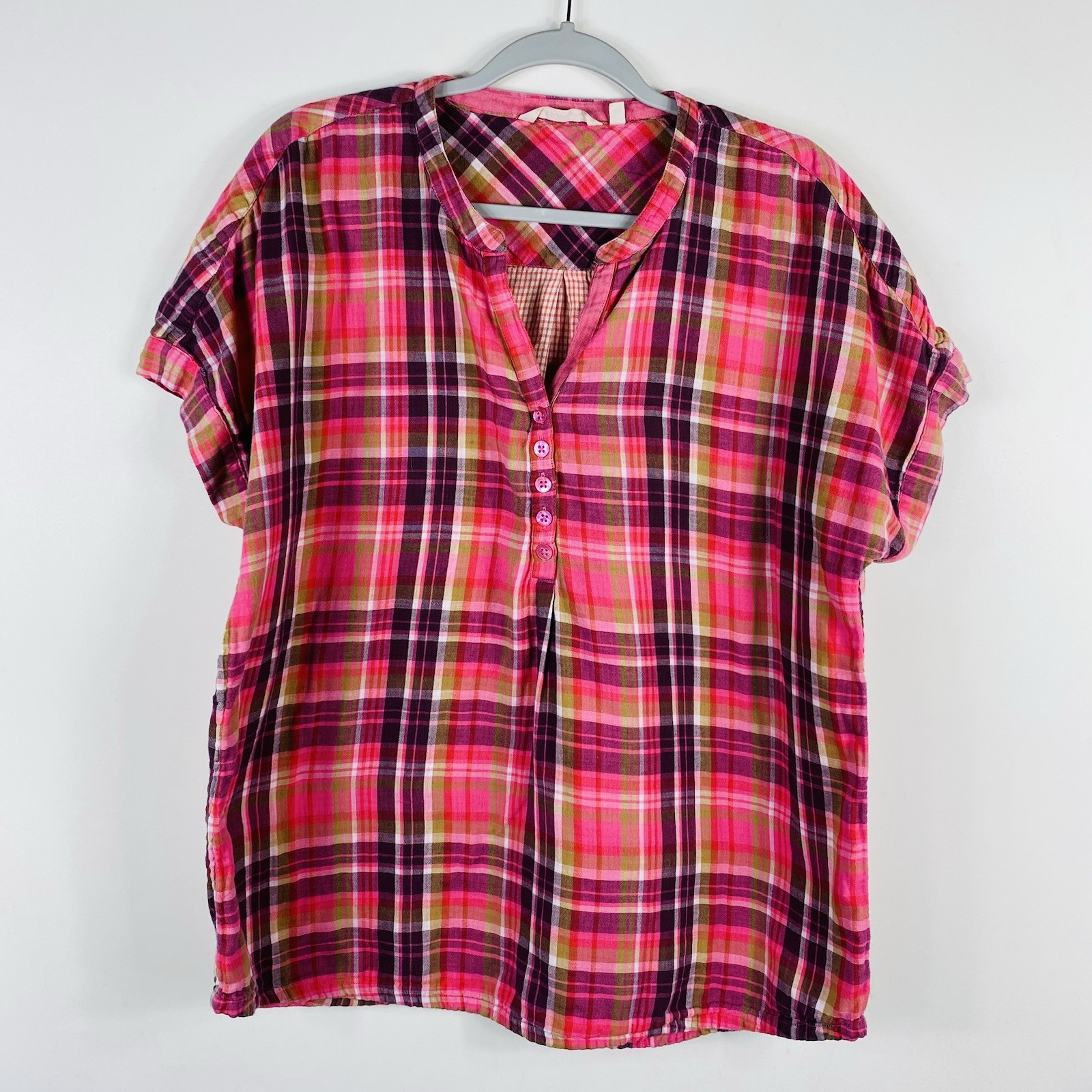 Soft Surroundings Top Large Pink Plaid Malay Short Sleeve Popover 100% Cotton