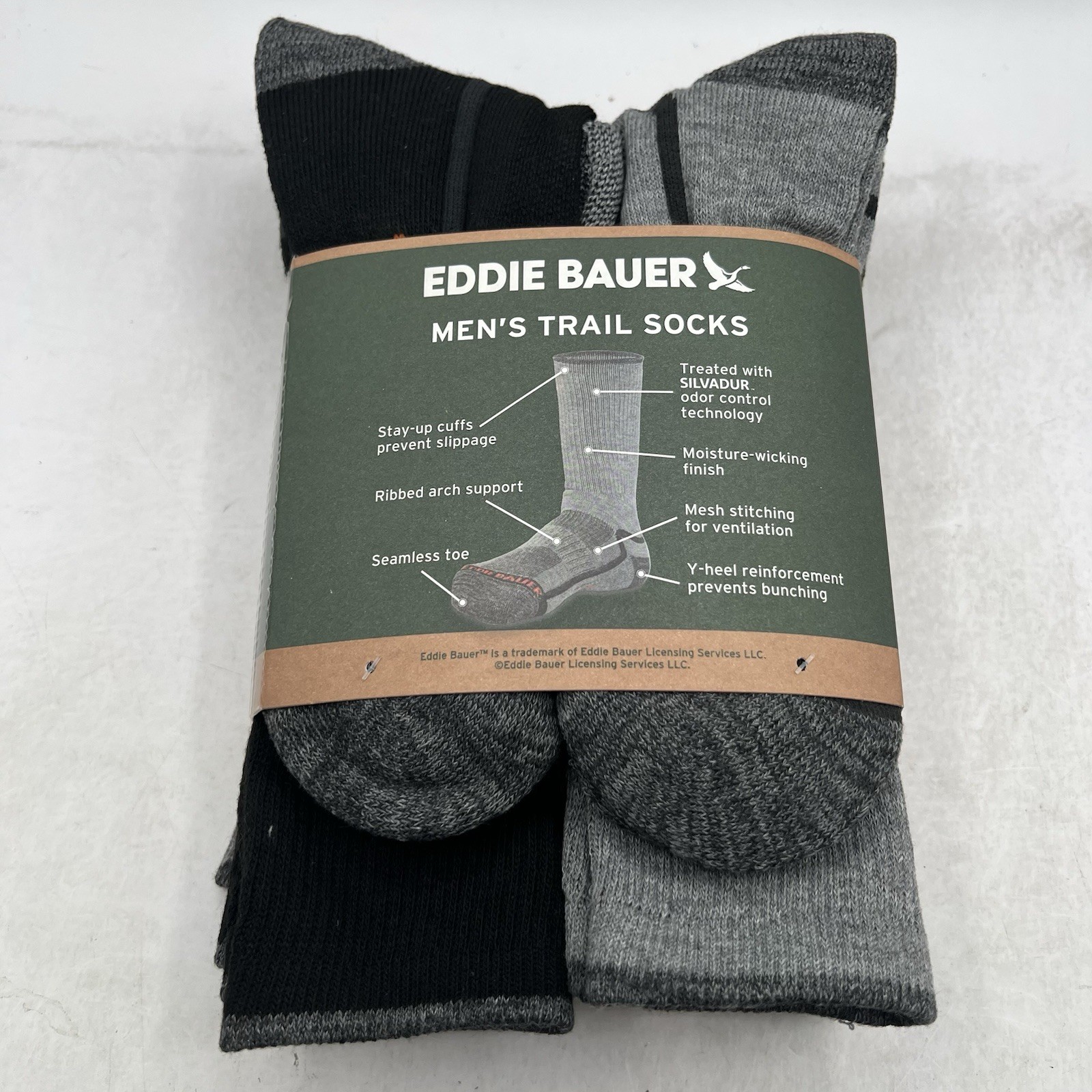 Eddie Bauer Men’s Trail Socks Arch Support Sz 6-12 Odor Control 6 Pairs Green