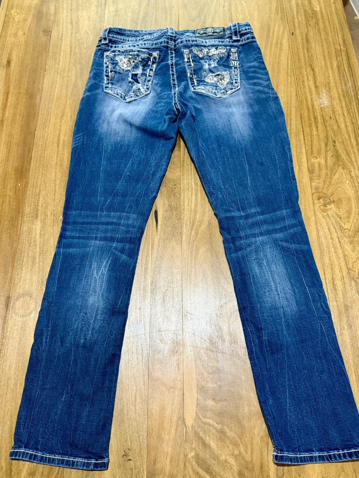 Miss Me Size 30 Easy Straight Leg Jeans Blue Mid Rise Rhinestone Sequined Pocket