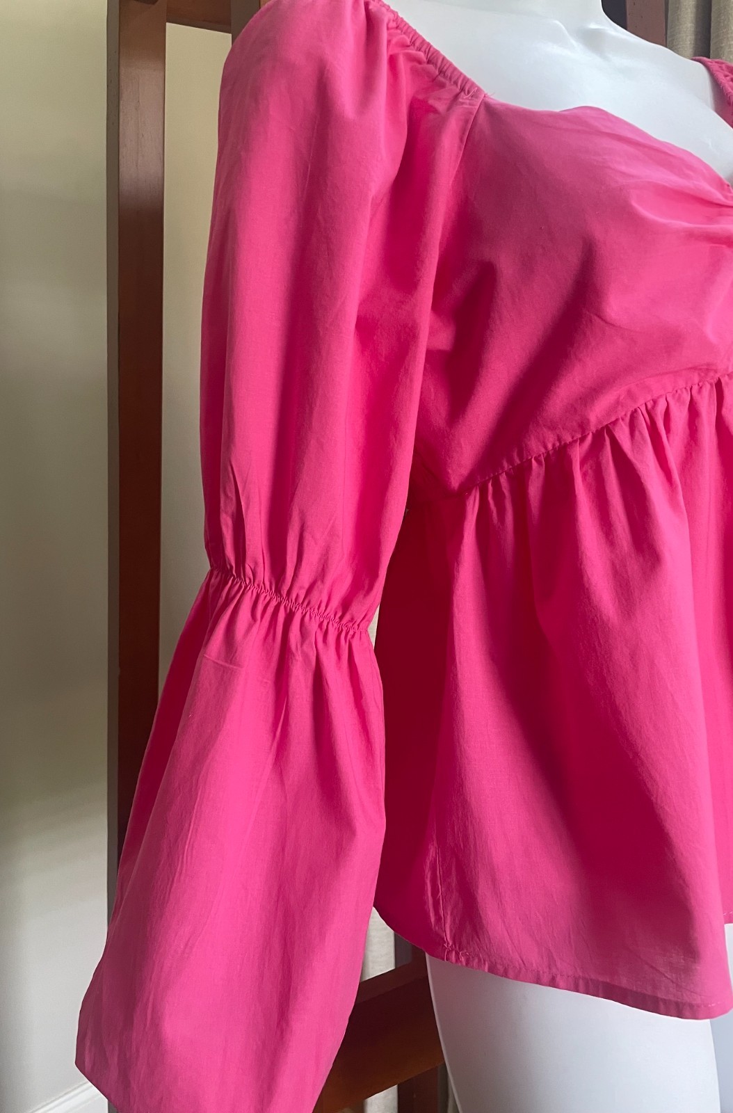 Altar’d State Hot Pink Medium Puff Sleeve Back Ribbed Babydoll Top