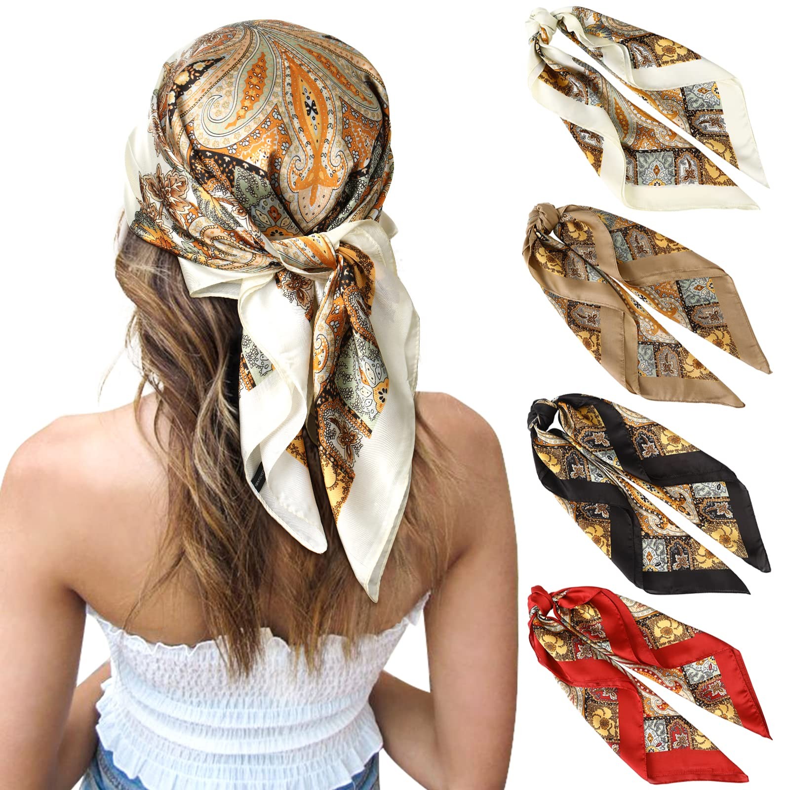27 Inches Silk Feeling Square Head Scarf – 4 Pcs Satin Square Head Scarves fo…