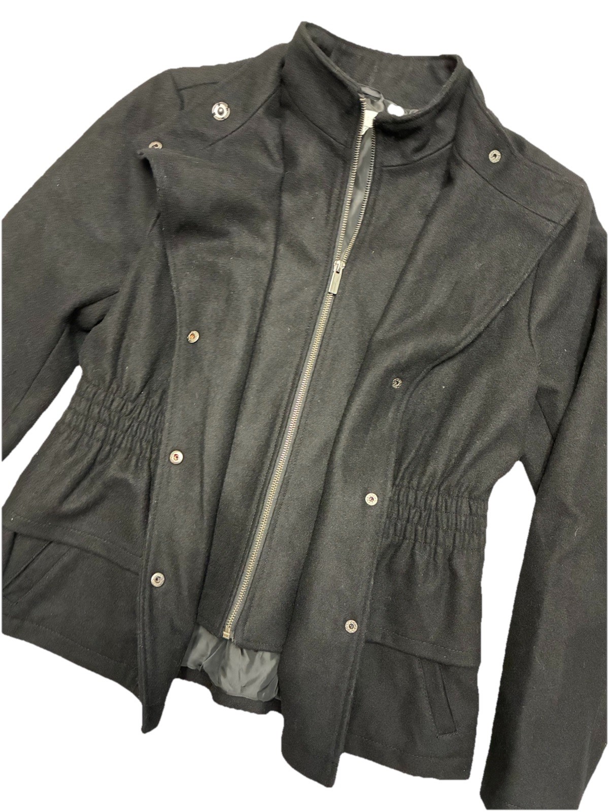 NY & Company Peacoat Women’s L Black Wool Blend Peplum Ruffle Zip Snap Jacket