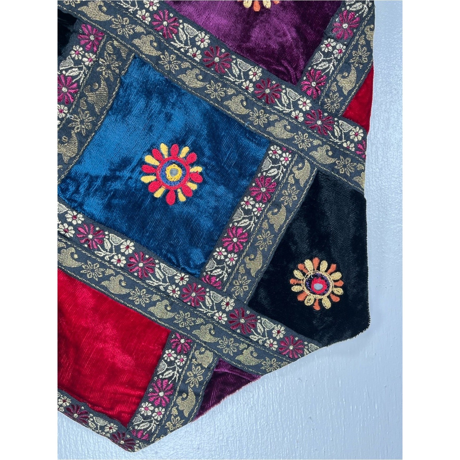 Vintage 1990s Velvet Patchwork Vest Embroidered Button-Up Medium Jewel Tones